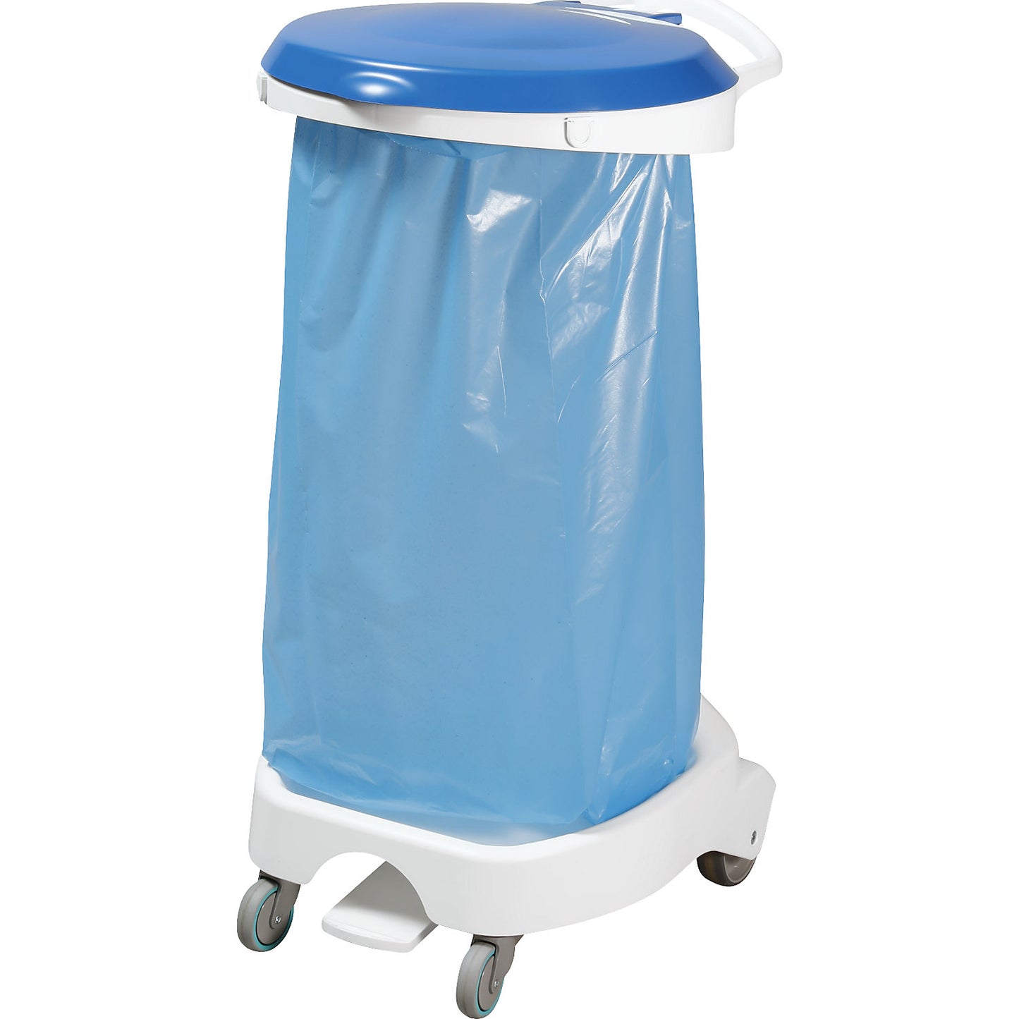 Pedal operated waste sack stand with castors, with 2 fixed castors, 2 swivel castors, blue.