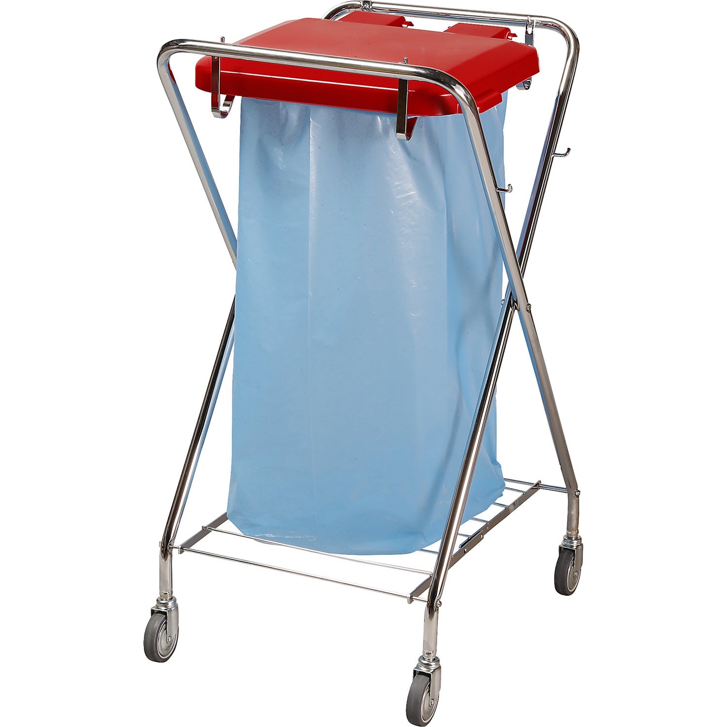 Hygienic waste sack stand, for capacity 120 l, square holding frame, red, height 1030 mm.