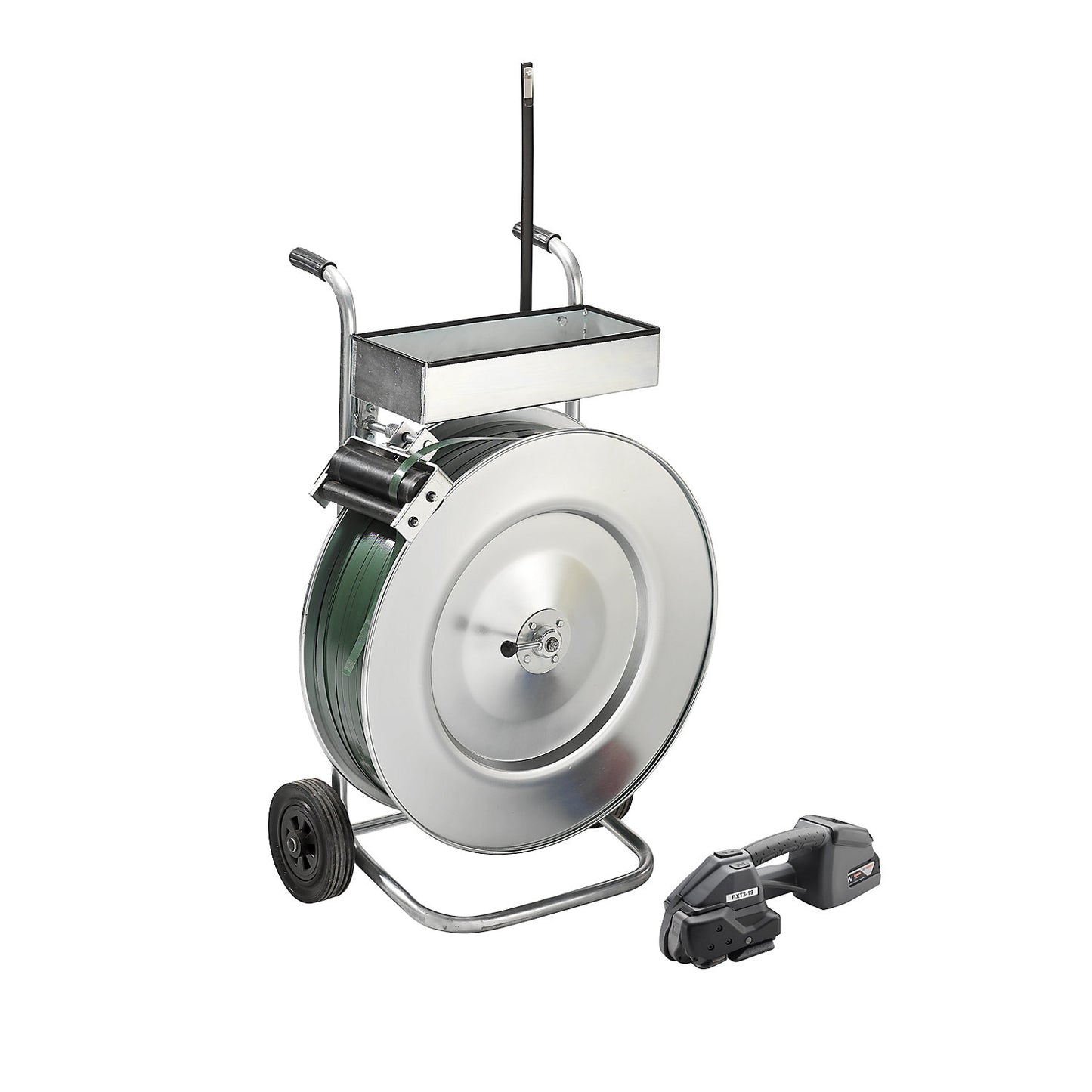Strapping set, heavy duty PET strapping, fully automatic tensioning tool, mobile strap dispenser, strap, threading rod, strap width 19 mm.