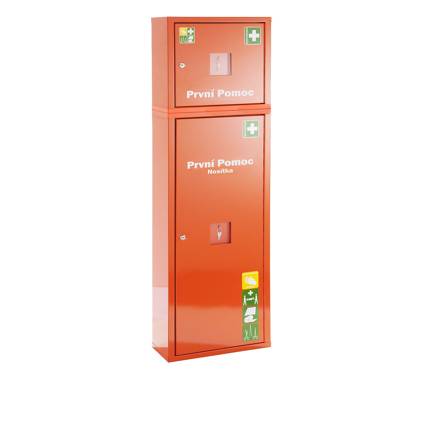 Emergency cabinet, DIN 13157 compliant, signal orange, HxWxD 1540 x 490 x 200 mm, with contents and first aid case.