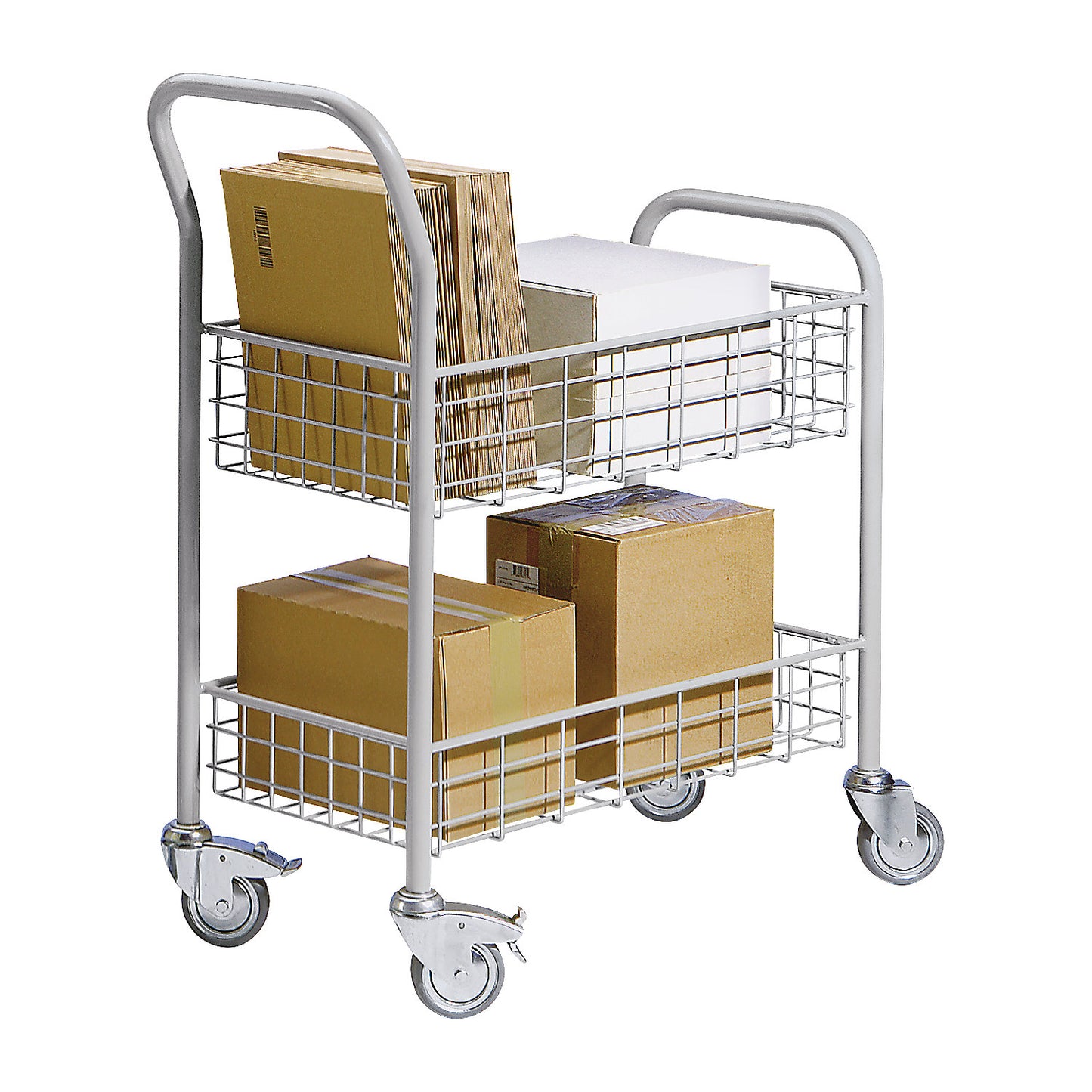 Office and mail distribution trolley, max. load 200 kg, white aluminium, LxWxH 890 x 380 x 1010 mm, 2 shelves.