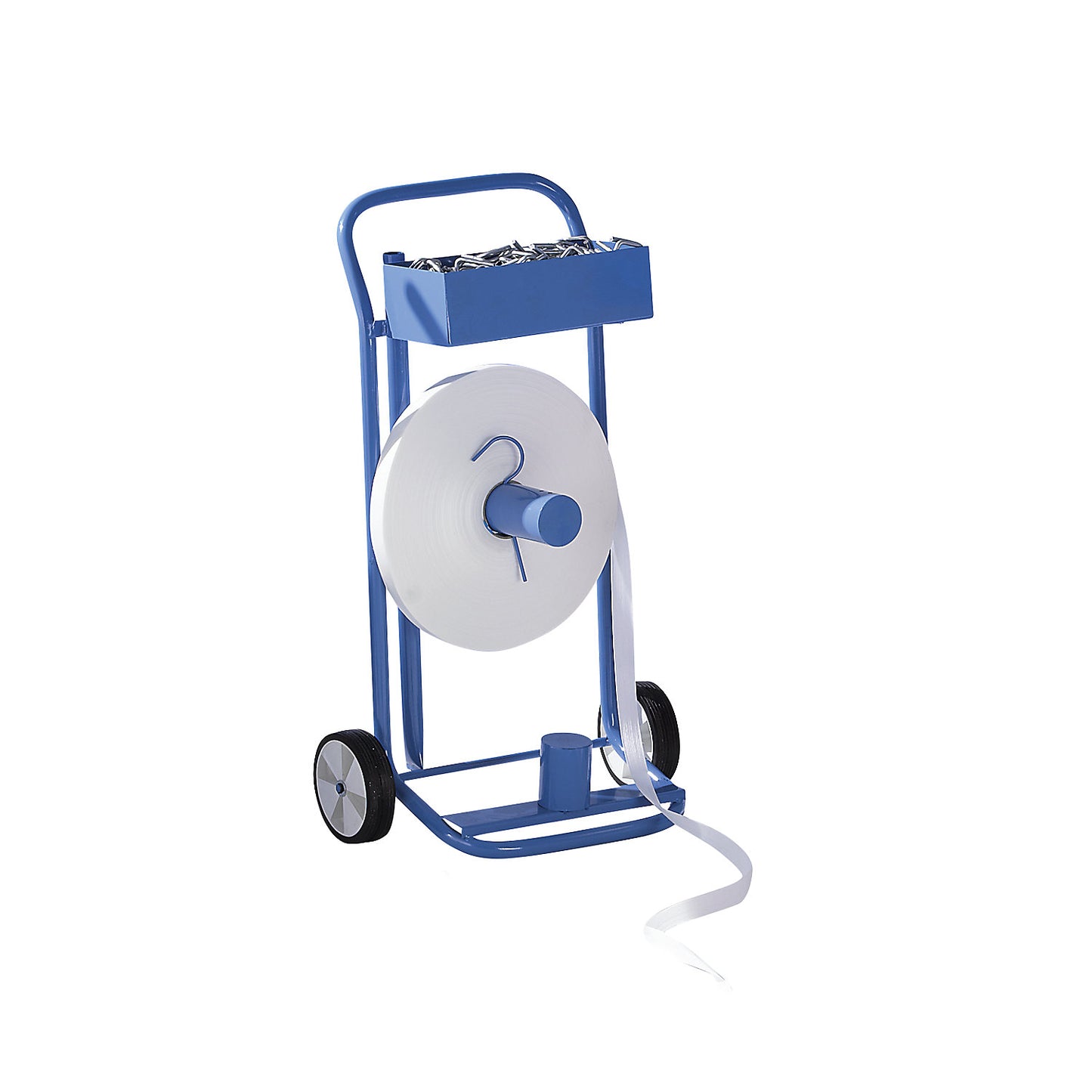 Strap dispenser for reinforced PET strapping, for strap width 16 - 30 mm, mobile, with storage compartment.