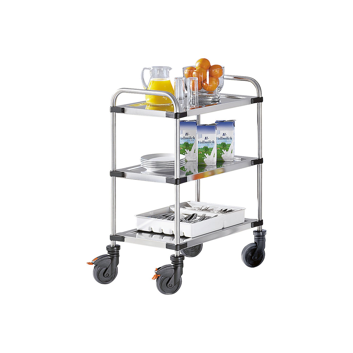 VARITHEK SERVO+ stainless steel table trolley, LxWxH 700 x 470 x 950 mm, platform 630 x 400 mm, 3 shelves, max. load 150 kg.