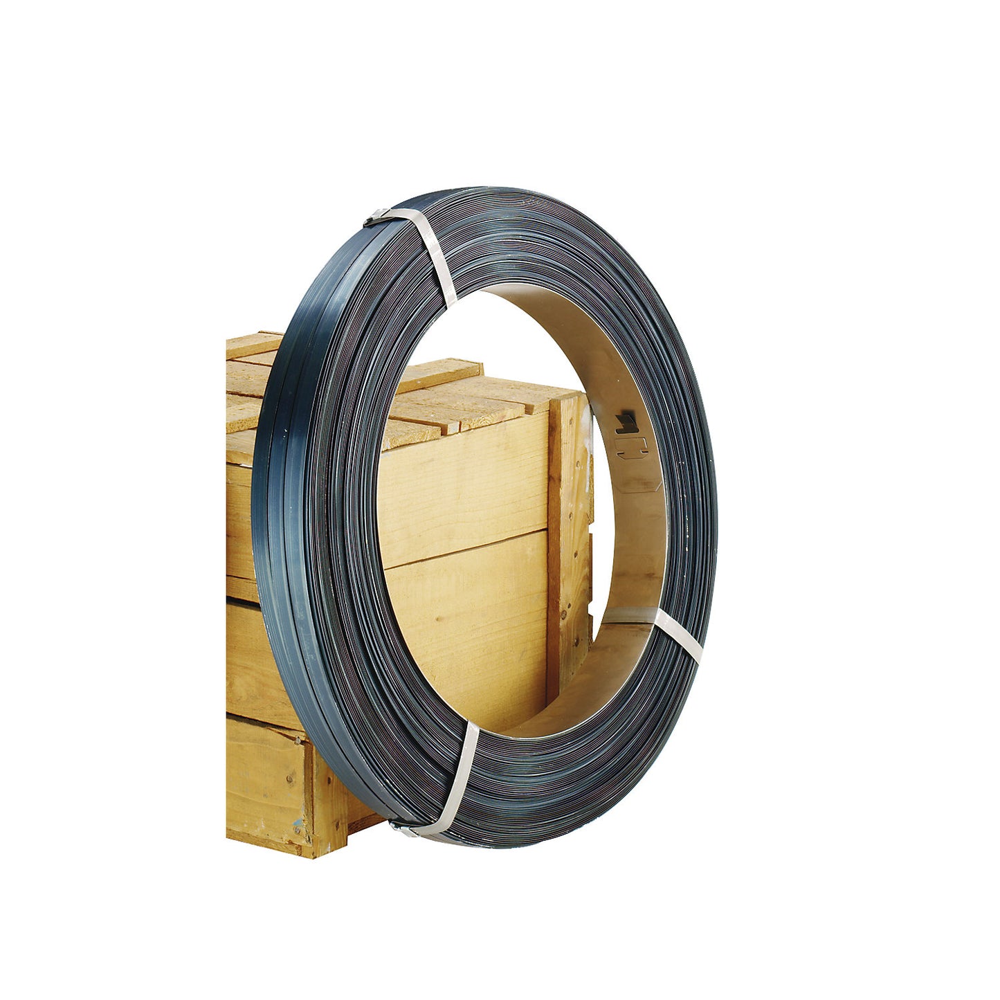 Steel strapping, for strap dispensers, oscillating coil, waxed and blued, strap width 13 mm.