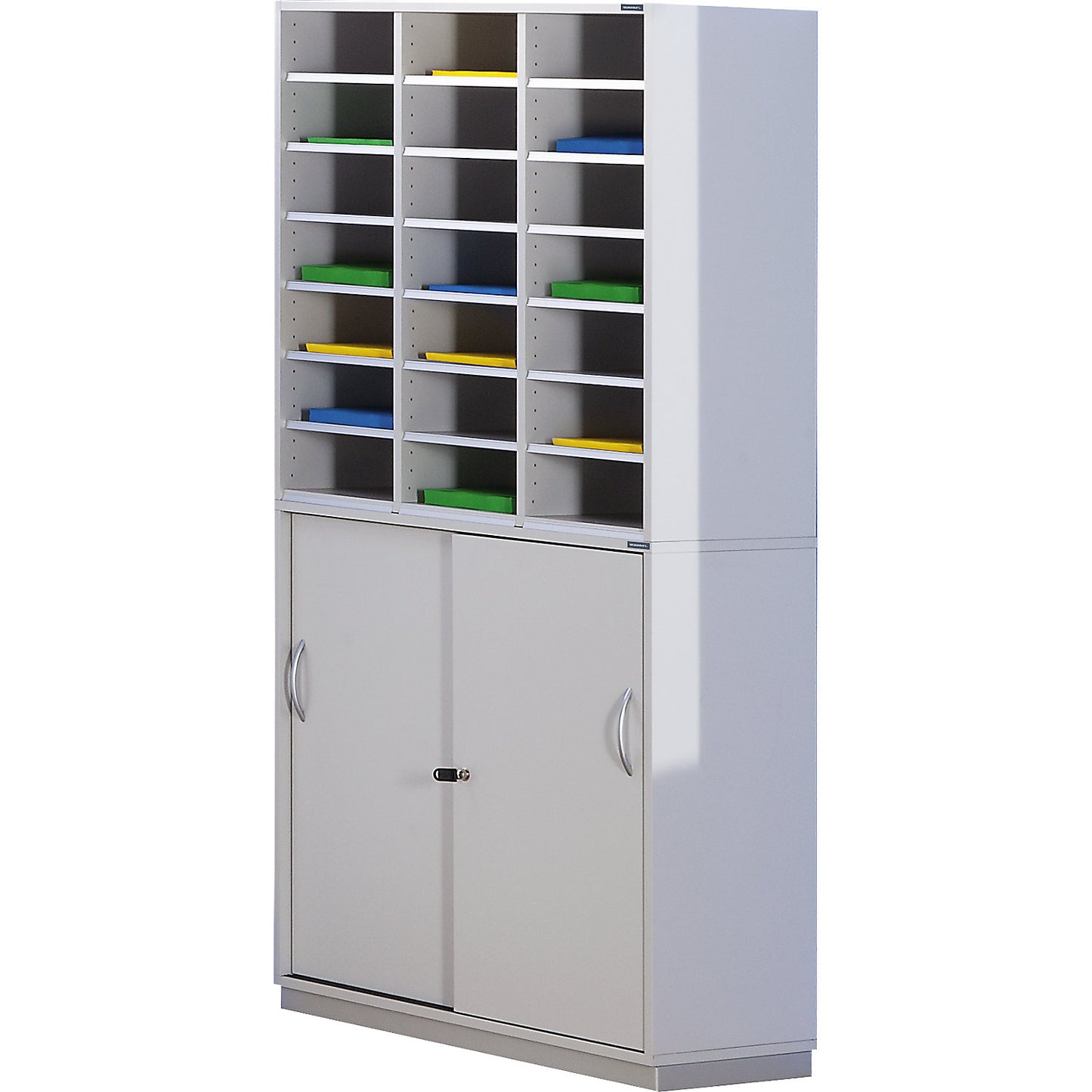Sorting unit with base cupboard, HxWxD 1864 x 913 x 420 mm, 21 compartments, light grey.