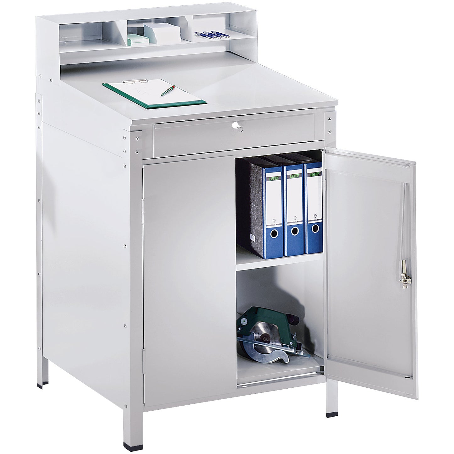 Pedestal desk with sorting compartments, with double door cupboard incl. 1 shelf, light grey RAL 7035.