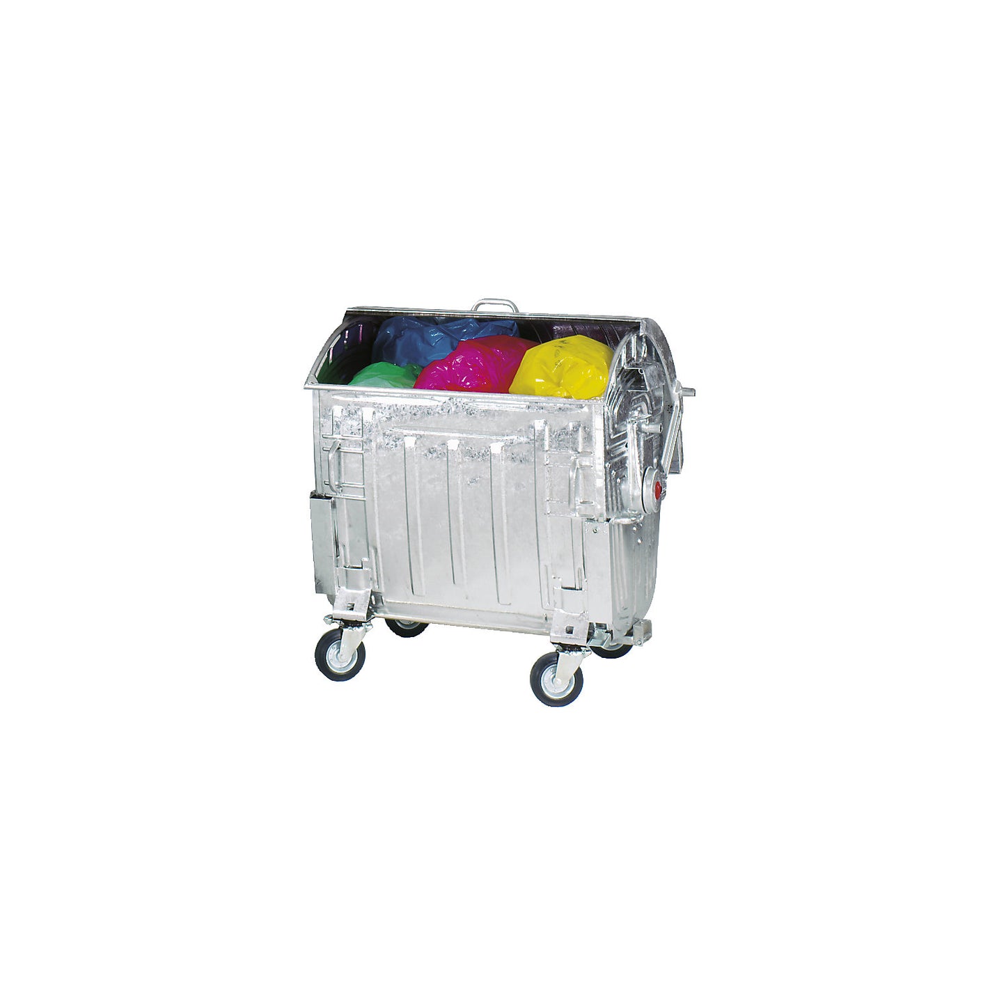 Steel waste container, DIN EN 840-5/-6, capacity 1100 l, with child lock, zinc plated.