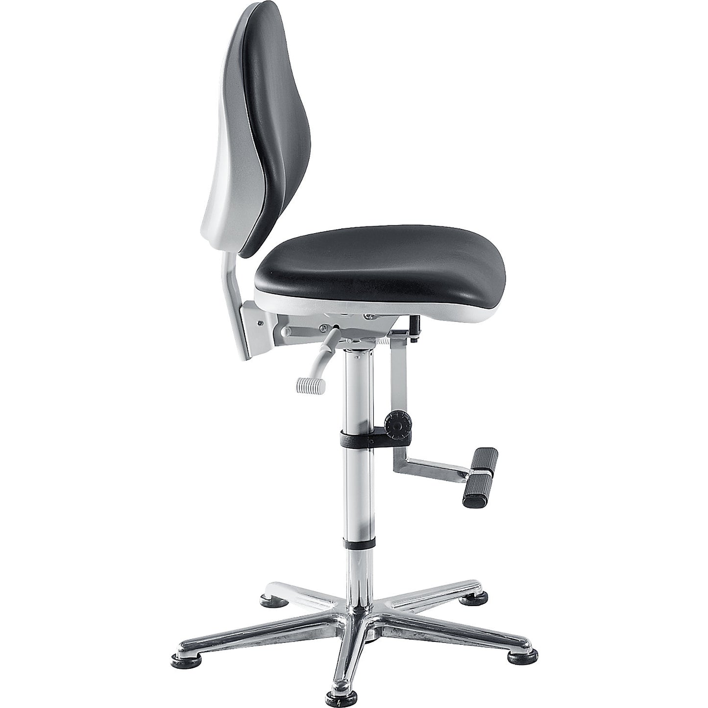 Cleanroom swivel chair, with floor glides and step, permanent contact mechanism.
