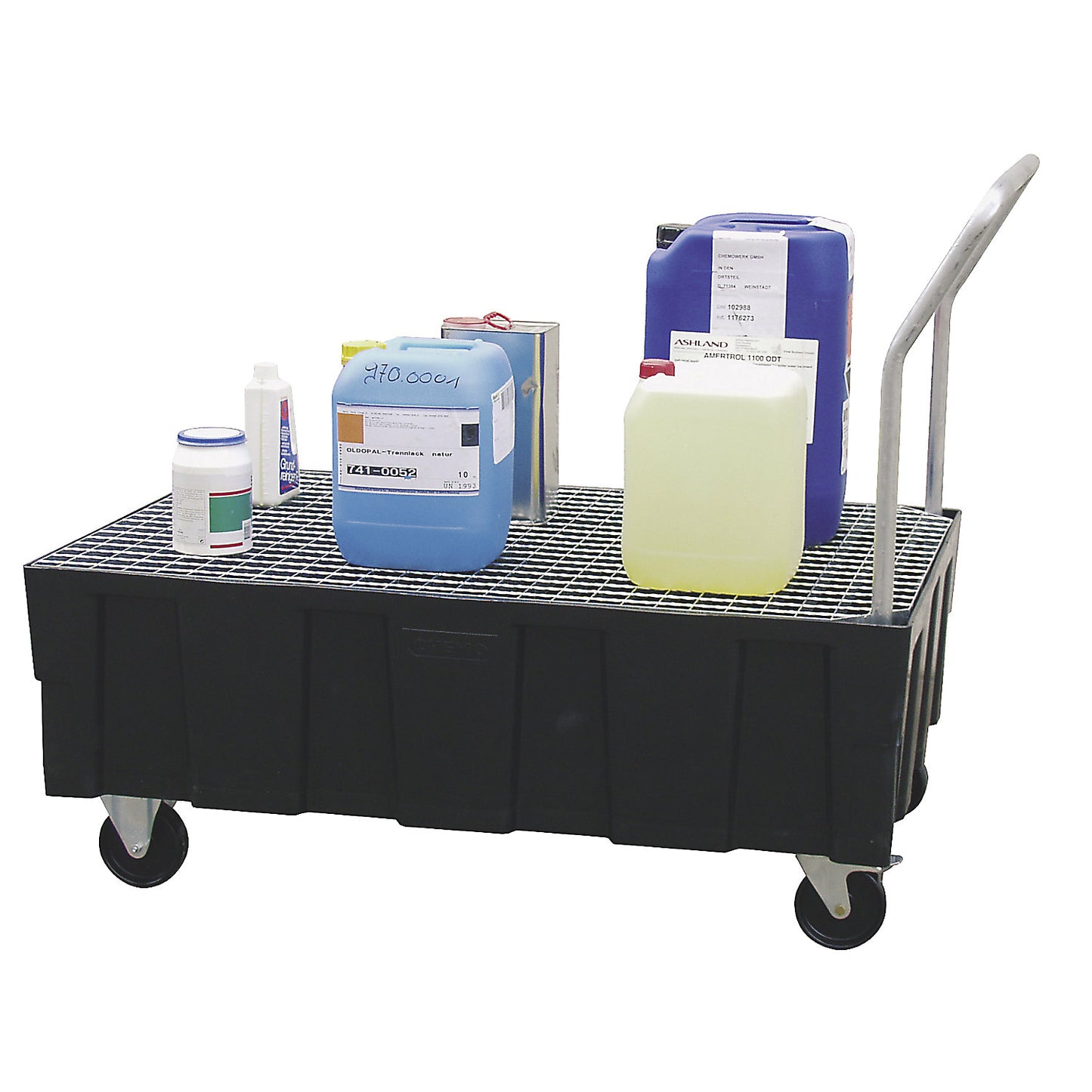 PE sump tray for 200 l drums, mobile using push handle, sump capacity 224 l, with zinc plated steel grate.