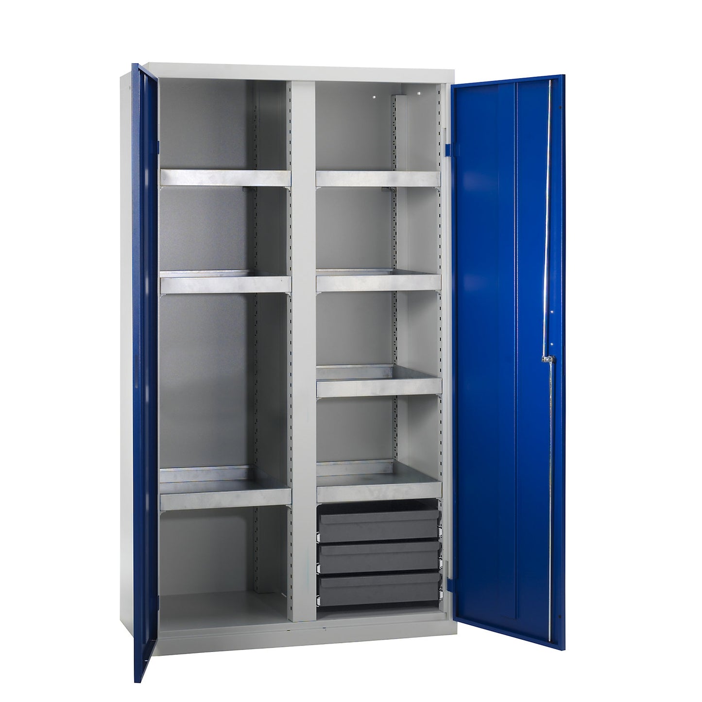 Environmental cupboard without door perforations, HxWxD 1800 x 1000 x 500 mm, 7 tray shelves, light grey / gentian blue.