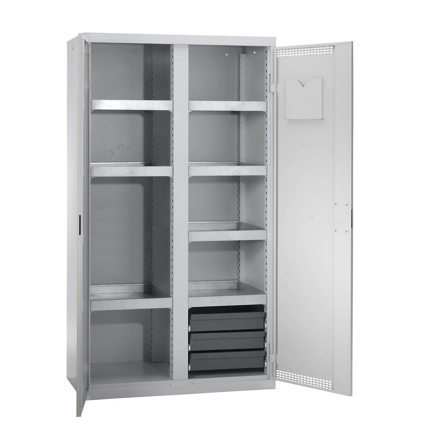 Environmental cupboard with door perforations, HxWxD 1800 x 1000 x 500 mm, 7 tray shelves, light grey / light grey.