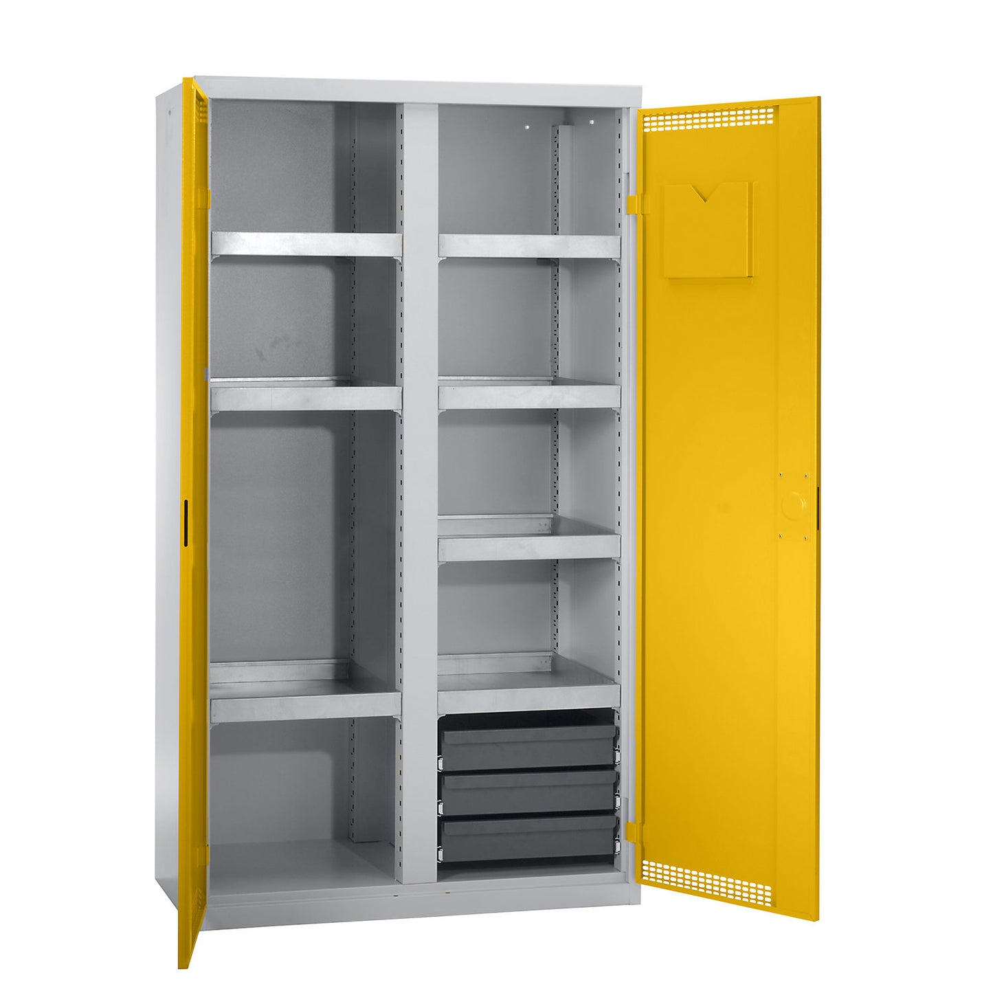 Environmental cupboard with door perforations, HxWxD 1800 x 1000 x 500 mm, 7 tray shelves, light grey / signal yellow.