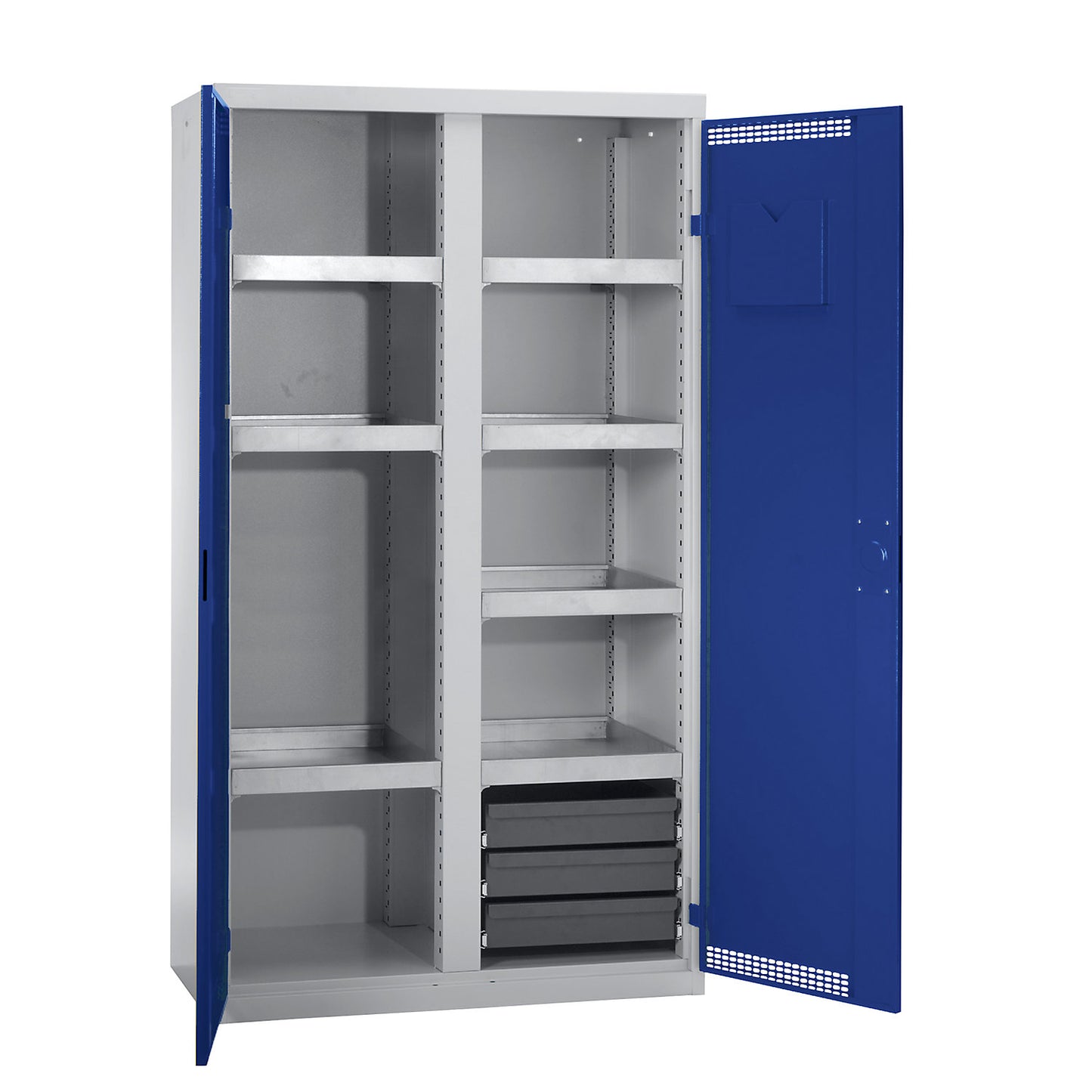 Environmental cupboard with door perforations, HxWxD 1800 x 1000 x 500 mm, 7 tray shelves, light grey / gentian blue.