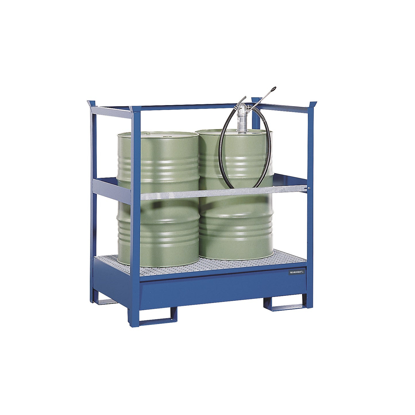 Drum sump tray for transport and storage, open rear and side steel frame, stackable, for 2 drums, blue.