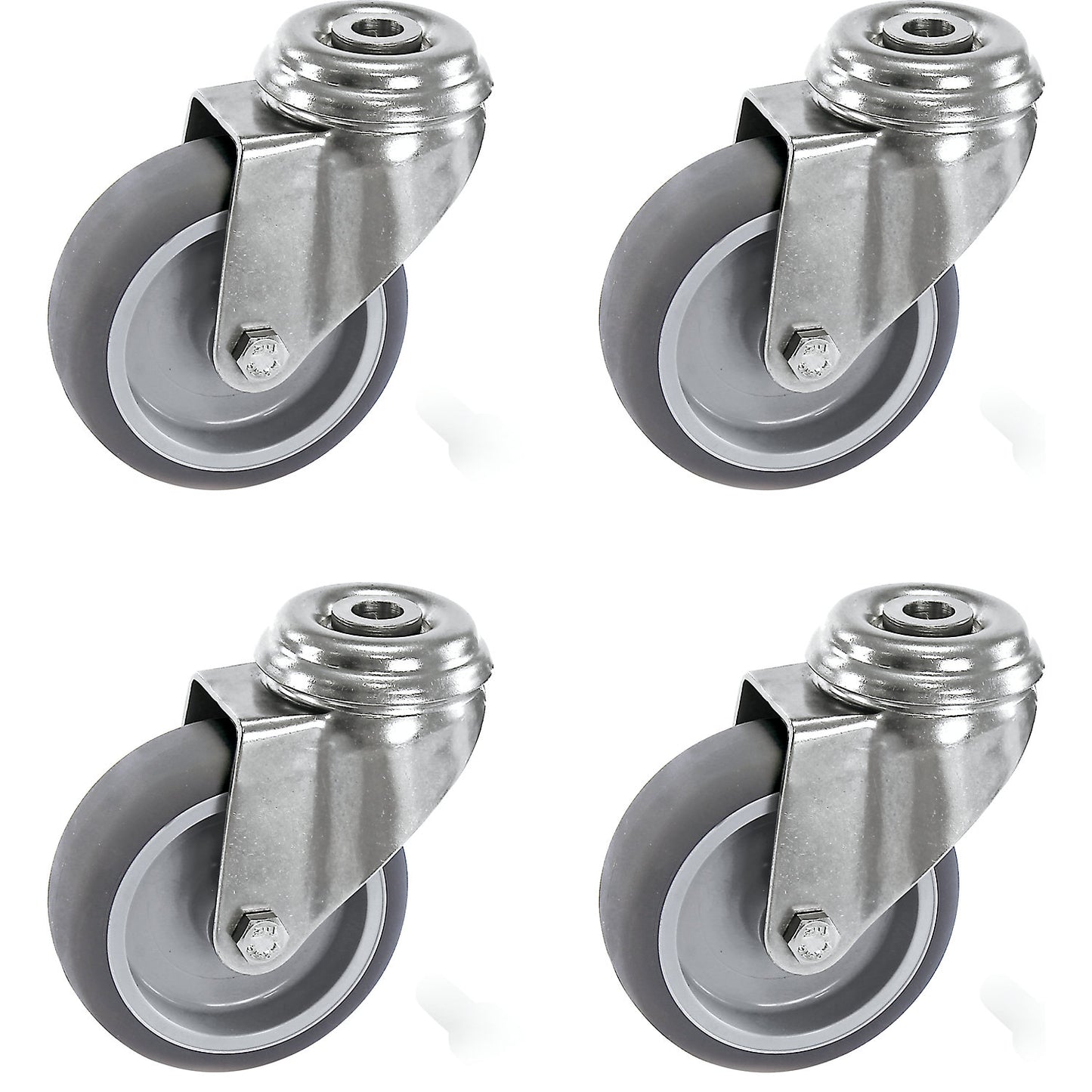 Set of thermoplastic rubber tyres, stainless steel housing, with bolt hole, 4 swivel castors, wheel Ø x width 50 x 19 mm.