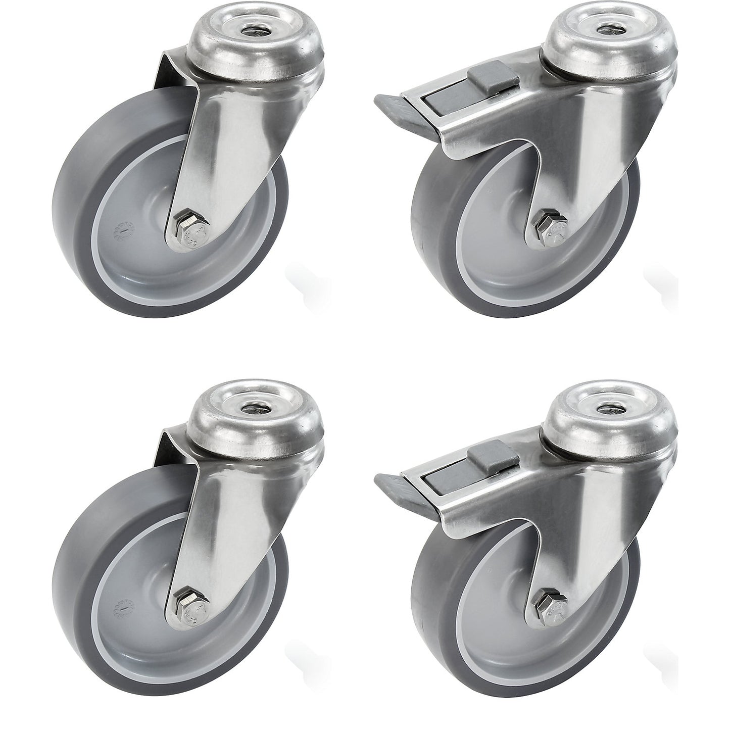 Set of thermoplastic rubber tyres, stainless steel housing, with bolt hole, 4 swivel castors, 2 with double stops, wheel Ø x width 125 x 32 mm.
