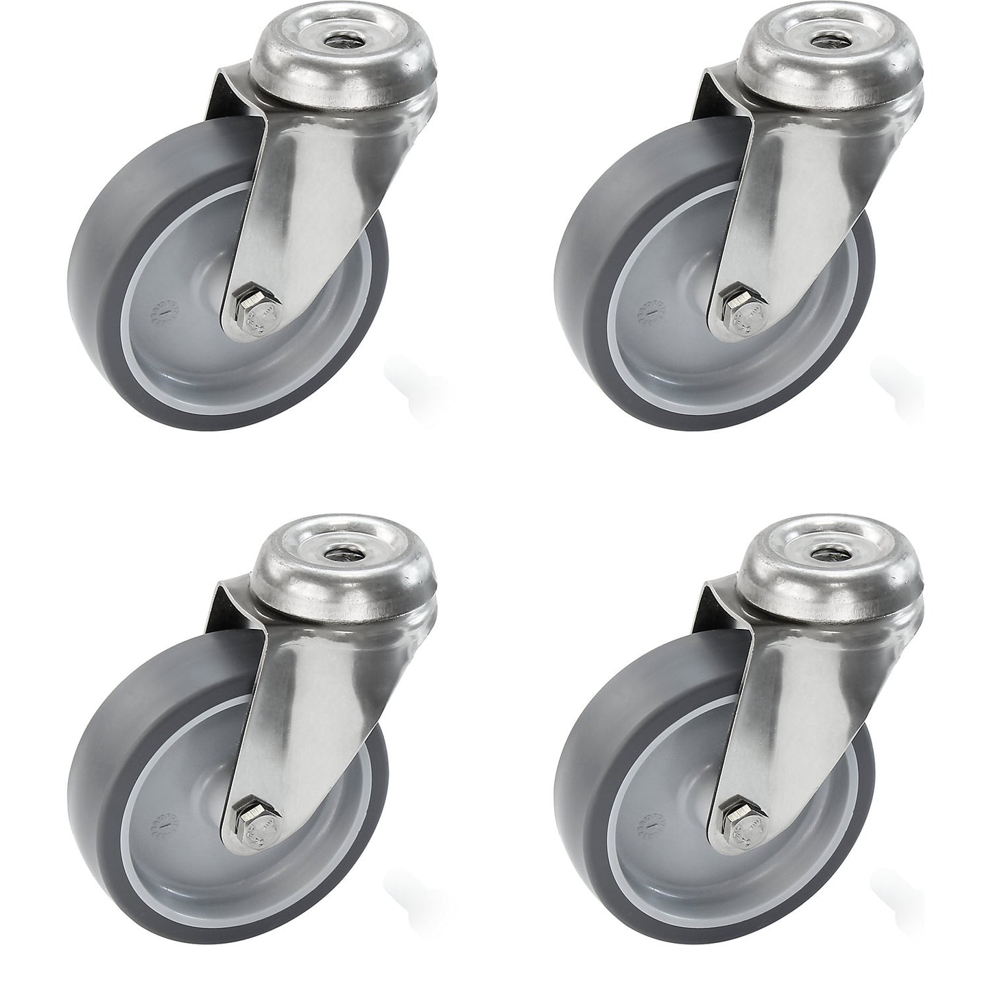 Set of thermoplastic rubber tyres, stainless steel housing, with bolt hole, 4 swivel castors, wheel Ø x width 100 x 32 mm.
