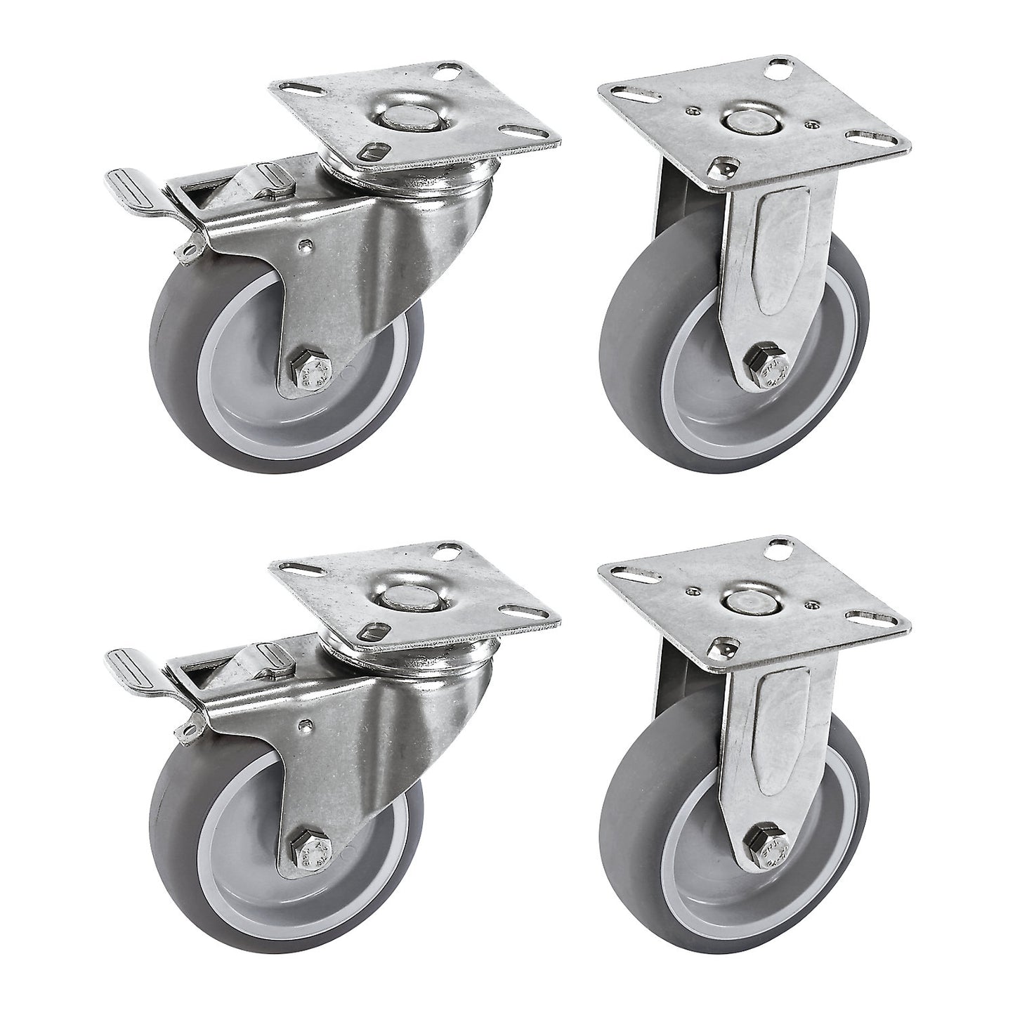 Set of thermoplastic rubber tyres, stainless steel housing, mounting plate, 2 swivel castors with stops, 2 fixed castors, wheel Ø x width 50 x 19 mm.