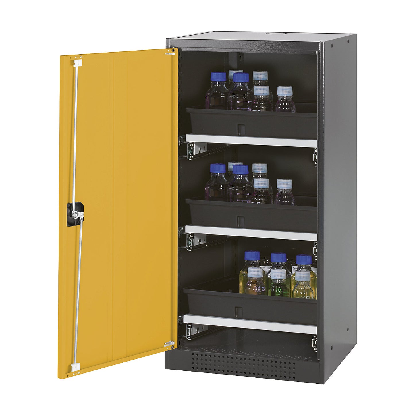 Laboratory chemical storage cupboard, 1 door, half height, 3 drawers, without vision panel, yellow.