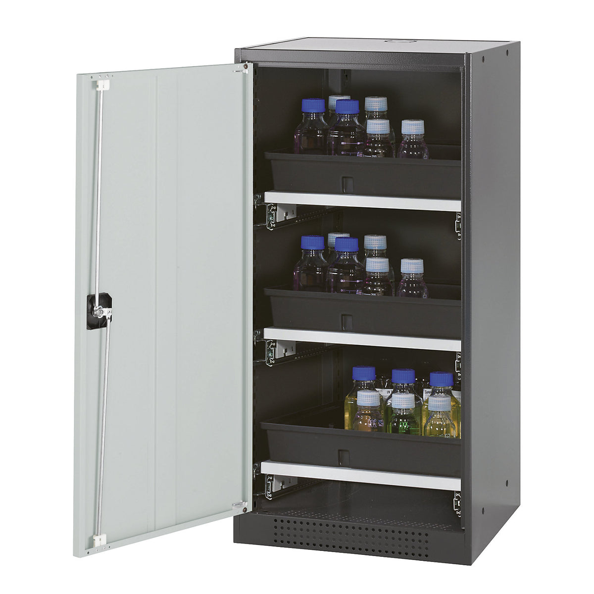Laboratory chemical cabinet, 1 door, half height, 3 drawers, without vision panel, grey.