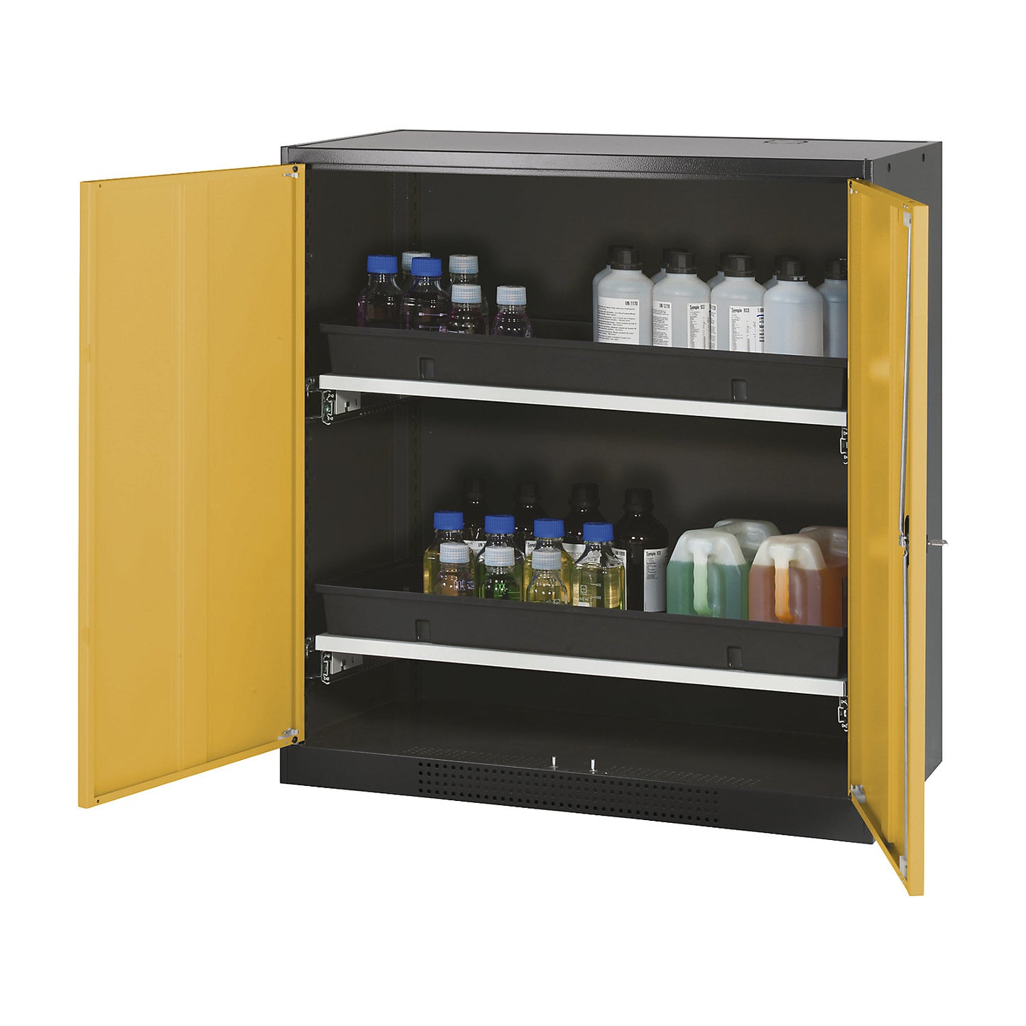 Laboratory chemical storage cupboard, 2 door, half height, 2 drawers, without vision panel, yellow.