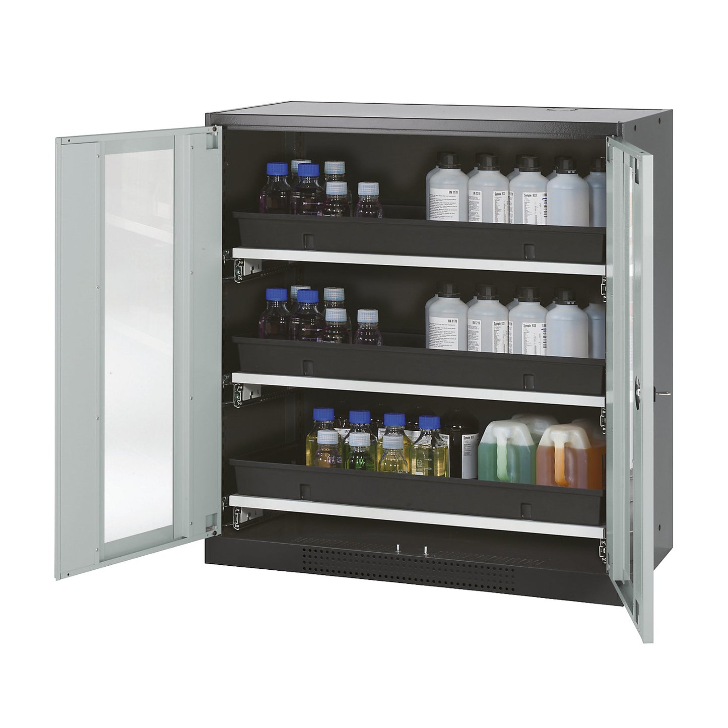 Laboratory chemical storage cupboard, 2 door, half height, 3 drawers, with vision panel, grey.
