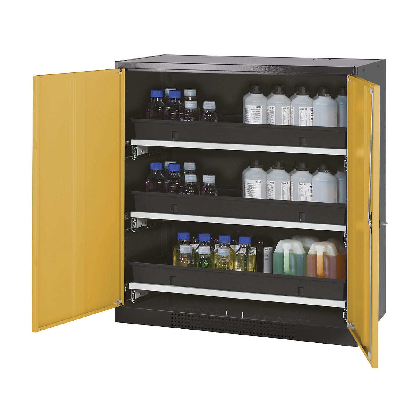 Laboratory chemical storage cupboard, 2 door, half height, 3 drawers, without vision panel, yellow.