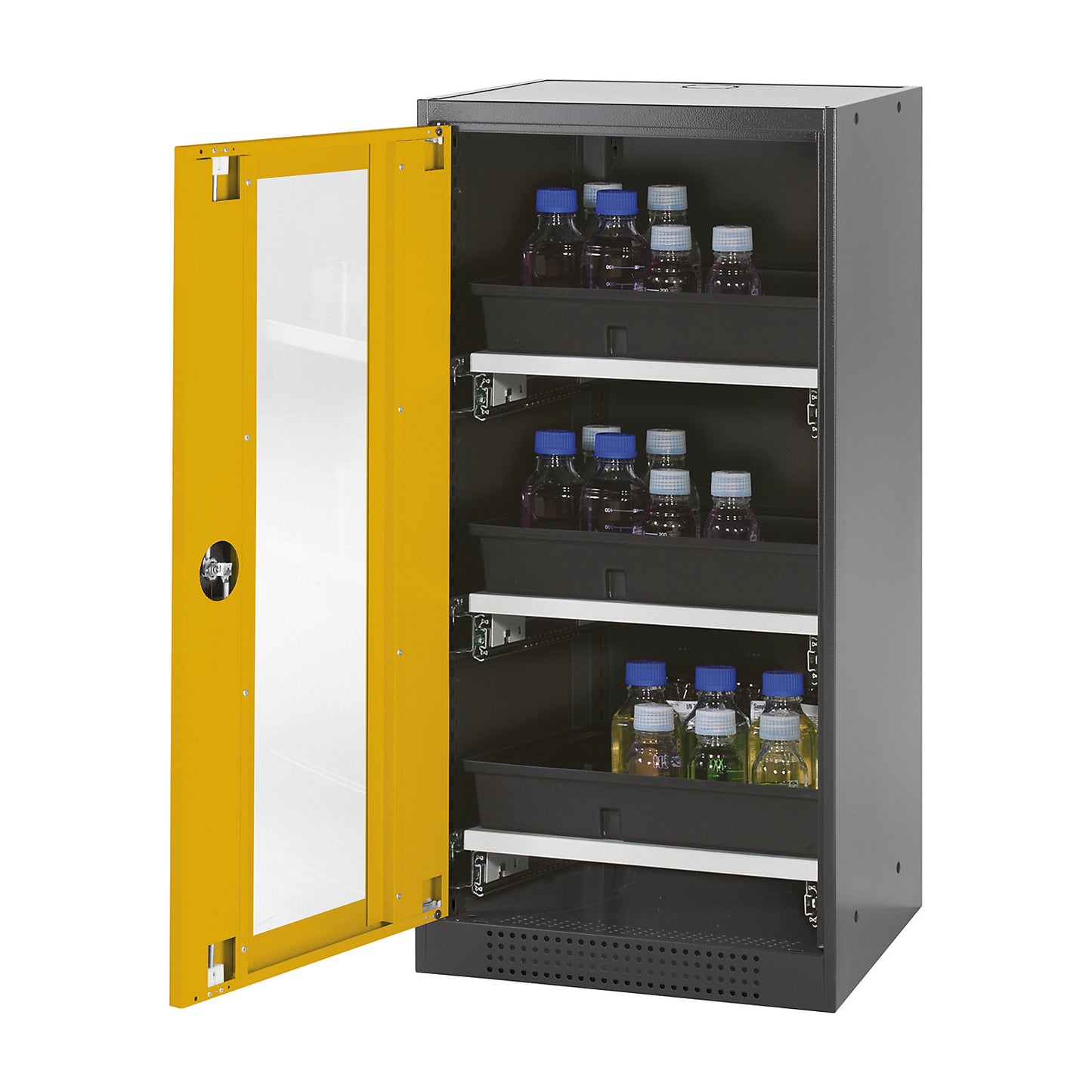 Laboratory chemical storage cupboard, 1 door, half height, 3 drawers, with vision panel, yellow.
