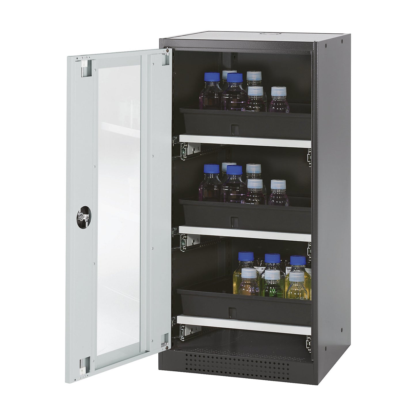 Laboratory chemical storage cupboard, 1 door, half height, 3 drawers, with vision panel, grey.
