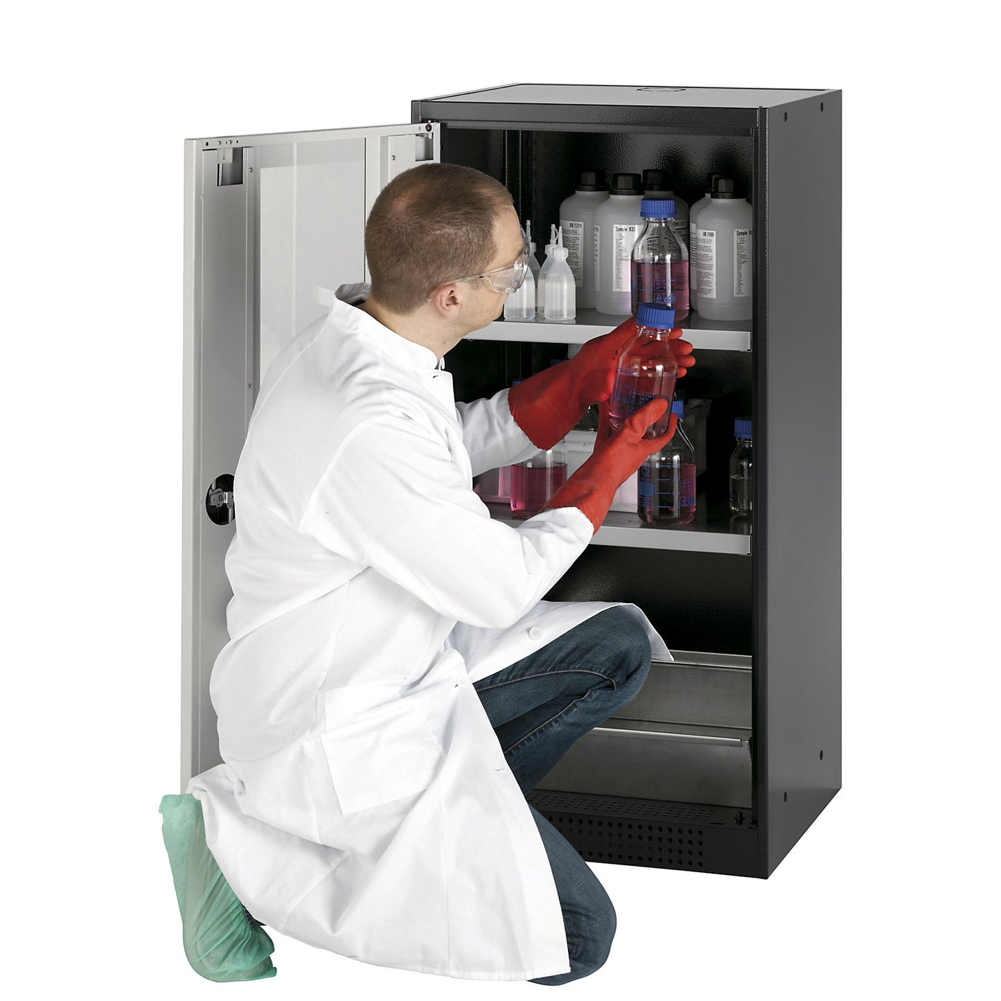 Laboratory chemical storage cupboard, 1 door, half height, 2 shelves, with vision panel, grey.