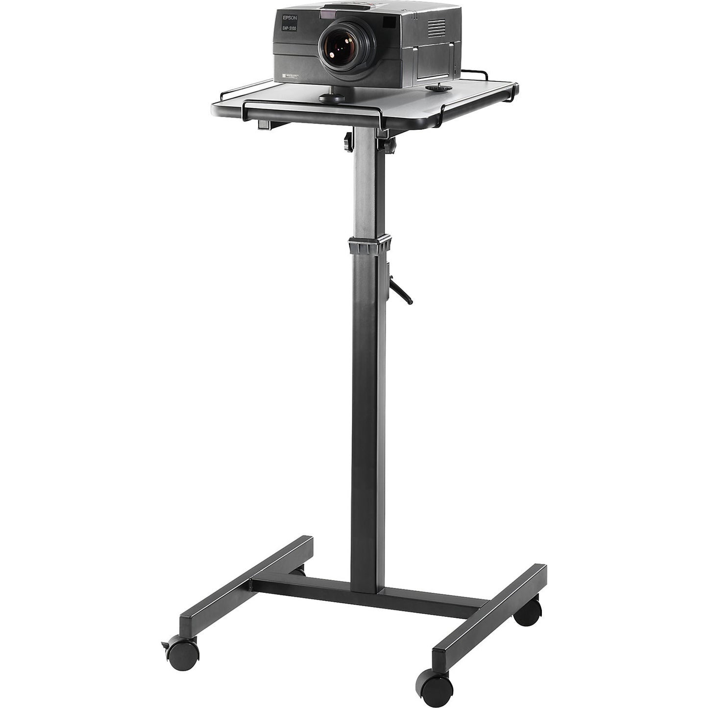 Projector trolley, height adjustment range 800 - 1250 mm, device shelf dimensions WxD 400 x 500 mm.