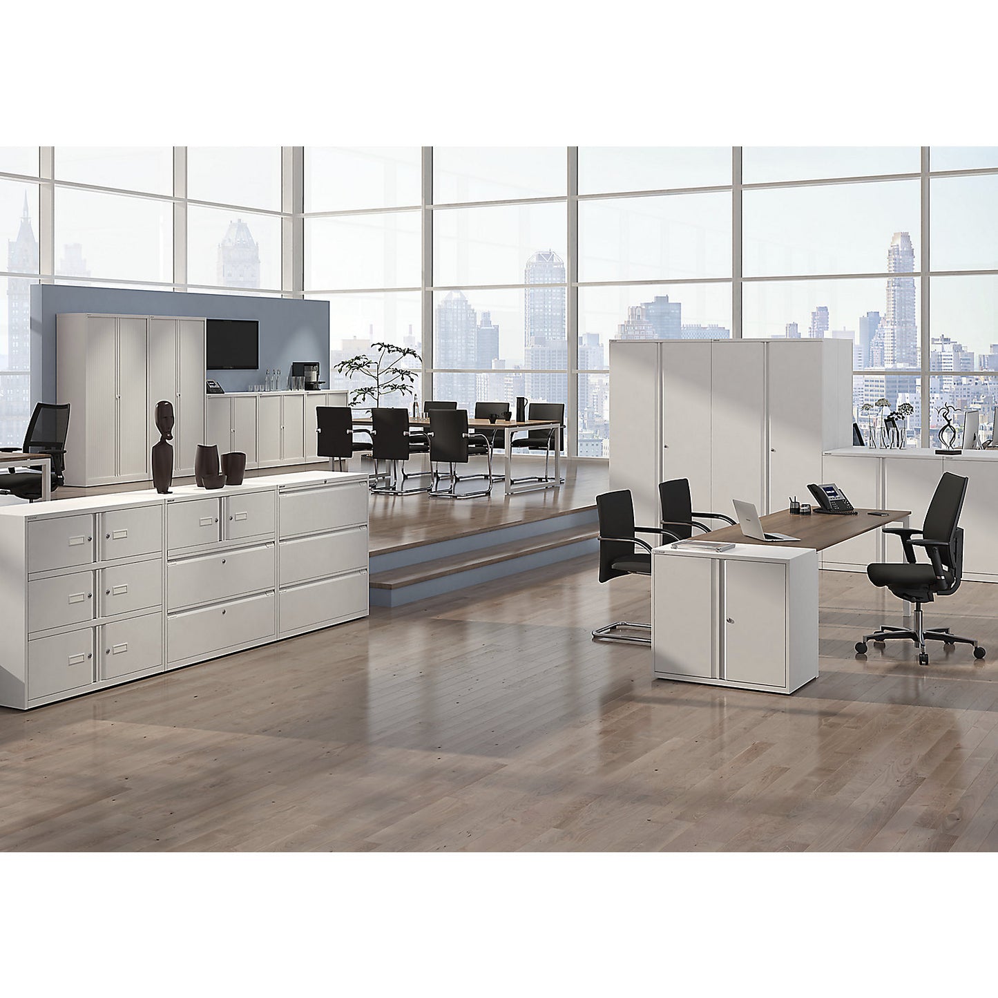 ESSENTIALS double door cupboard, 1 shelf, 2 file heights, traffic white.