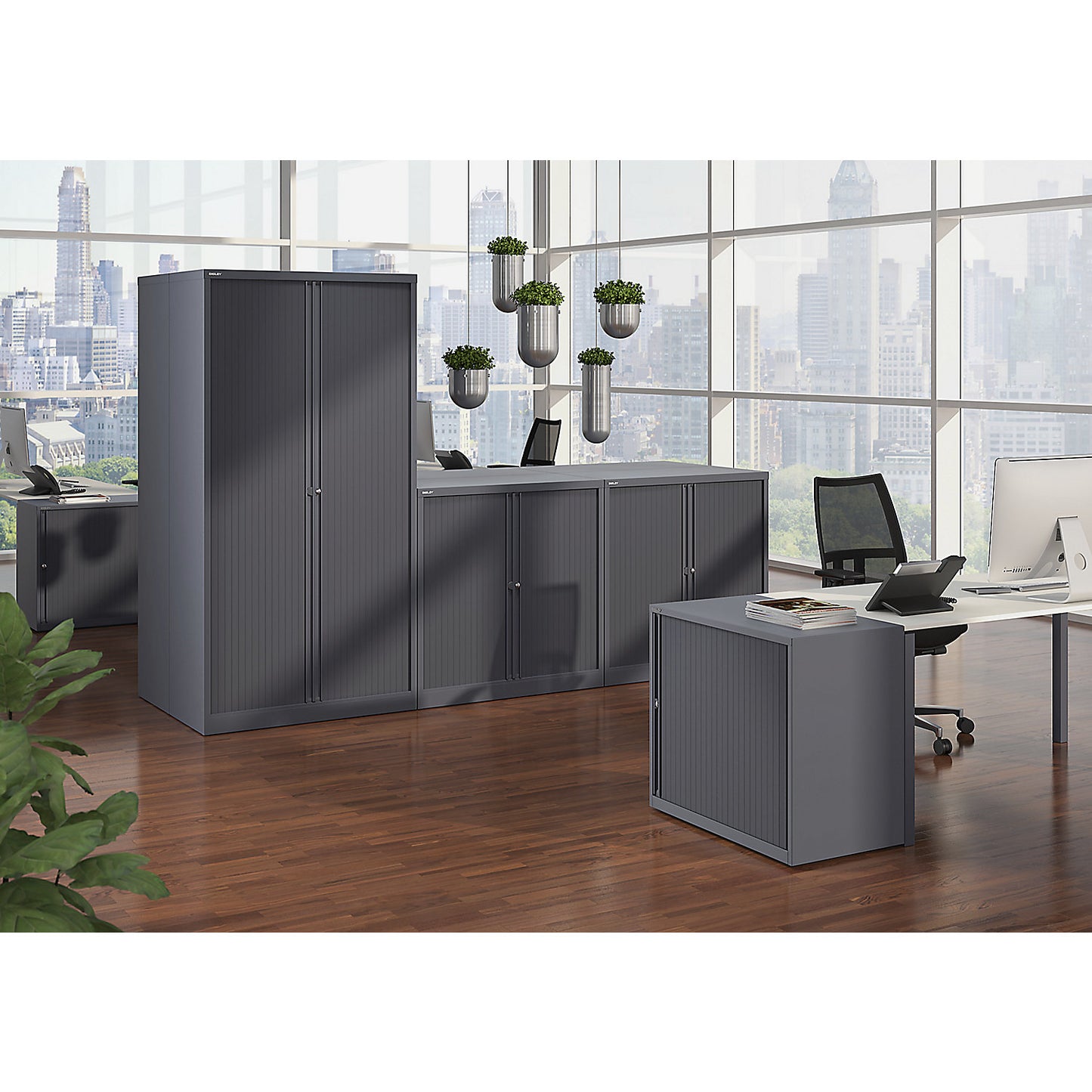 ESSENTIALS roller shutter cupboard, HxWxD 1000 x 1000 x 470 mm, 1 shelf, charcoal.
