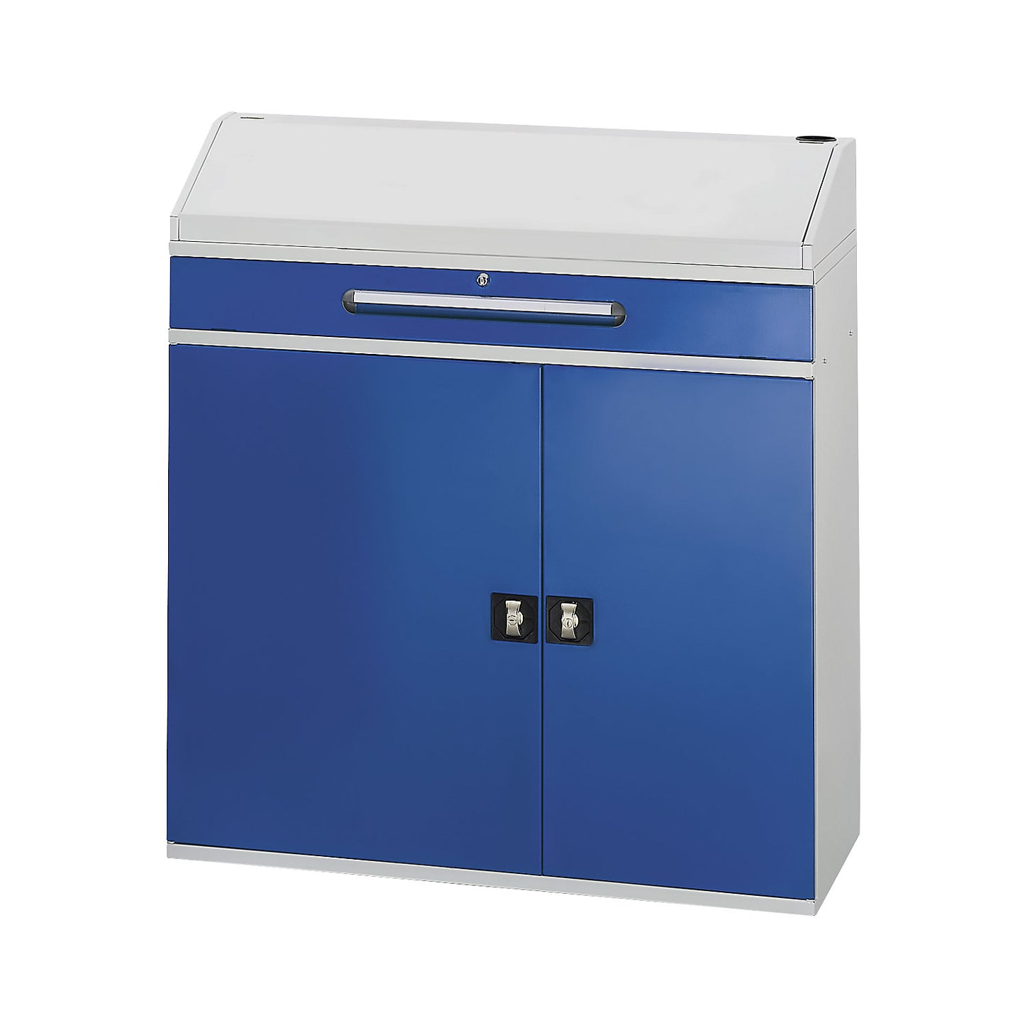 Industrial pedestal desk, with 1 drawer above the cupboard, width 1100 mm, light grey / gentian blue.