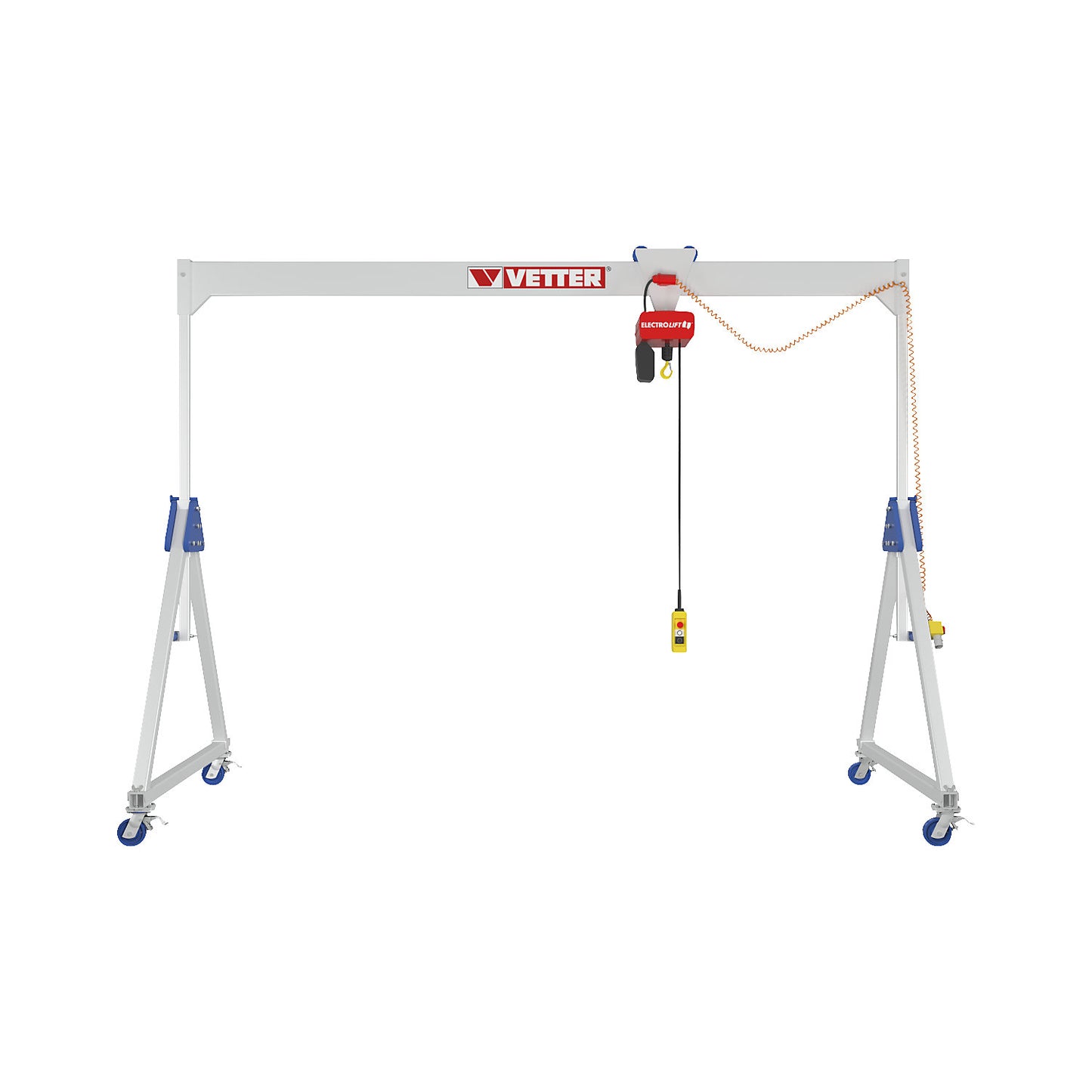 ALU1 aluminium gantry crane, with BA electric chain hoist, max. load 500 kg, suspension height 2500 - 3800 mm.