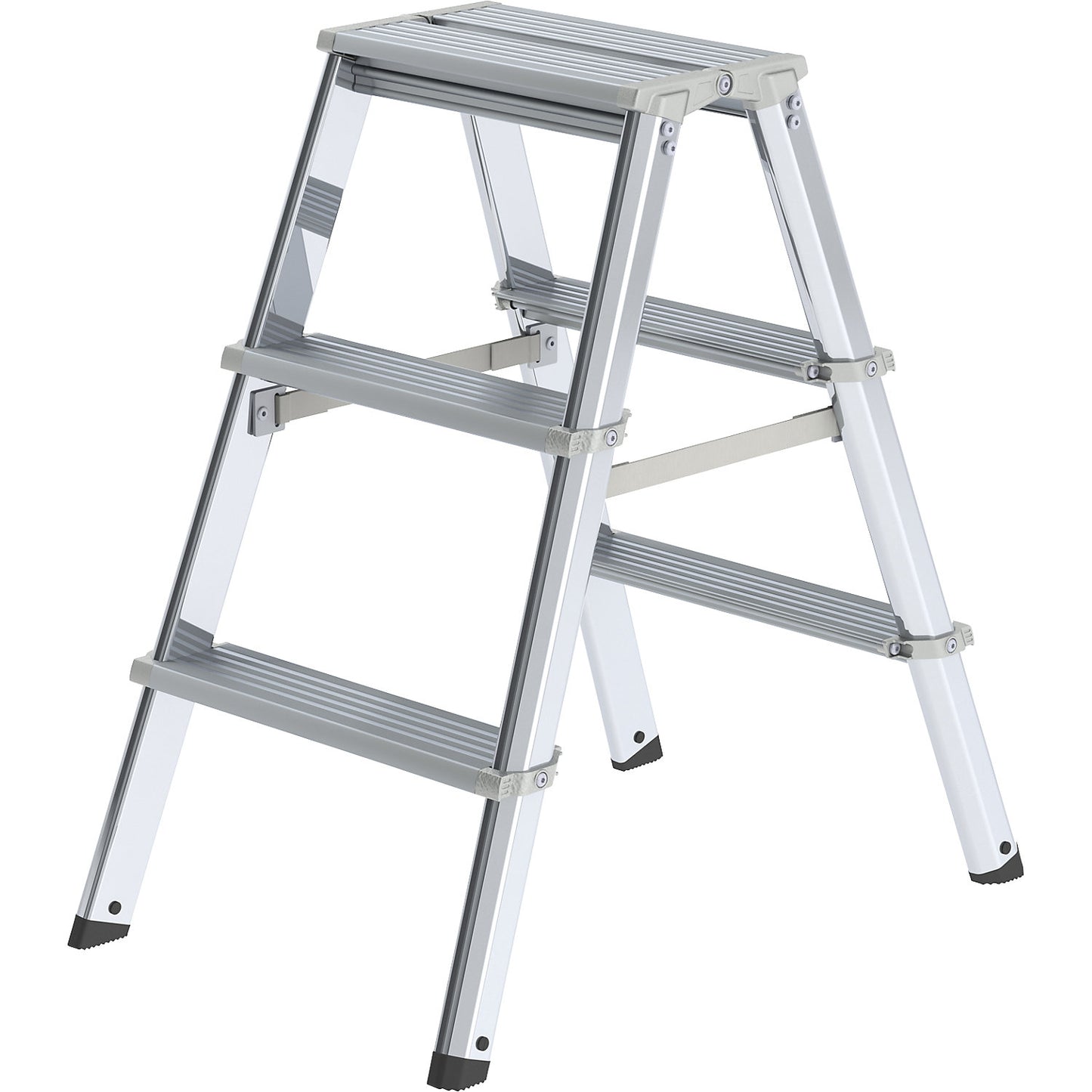Aluminium step ladder, double sided access, with ergonomically shaped rail, 2 x 3 steps, working height 2250 mm.