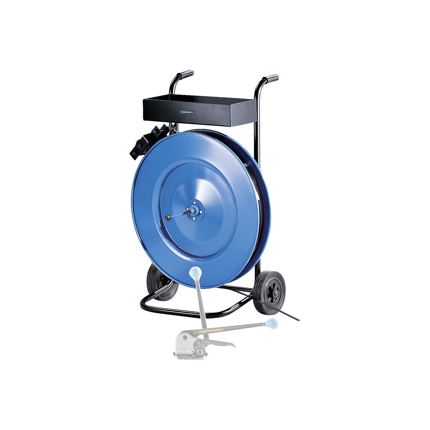 Strap dispenser for steel strapping, for strap width 13 - 19 mm, mobile, with storage compartment and roller brake.