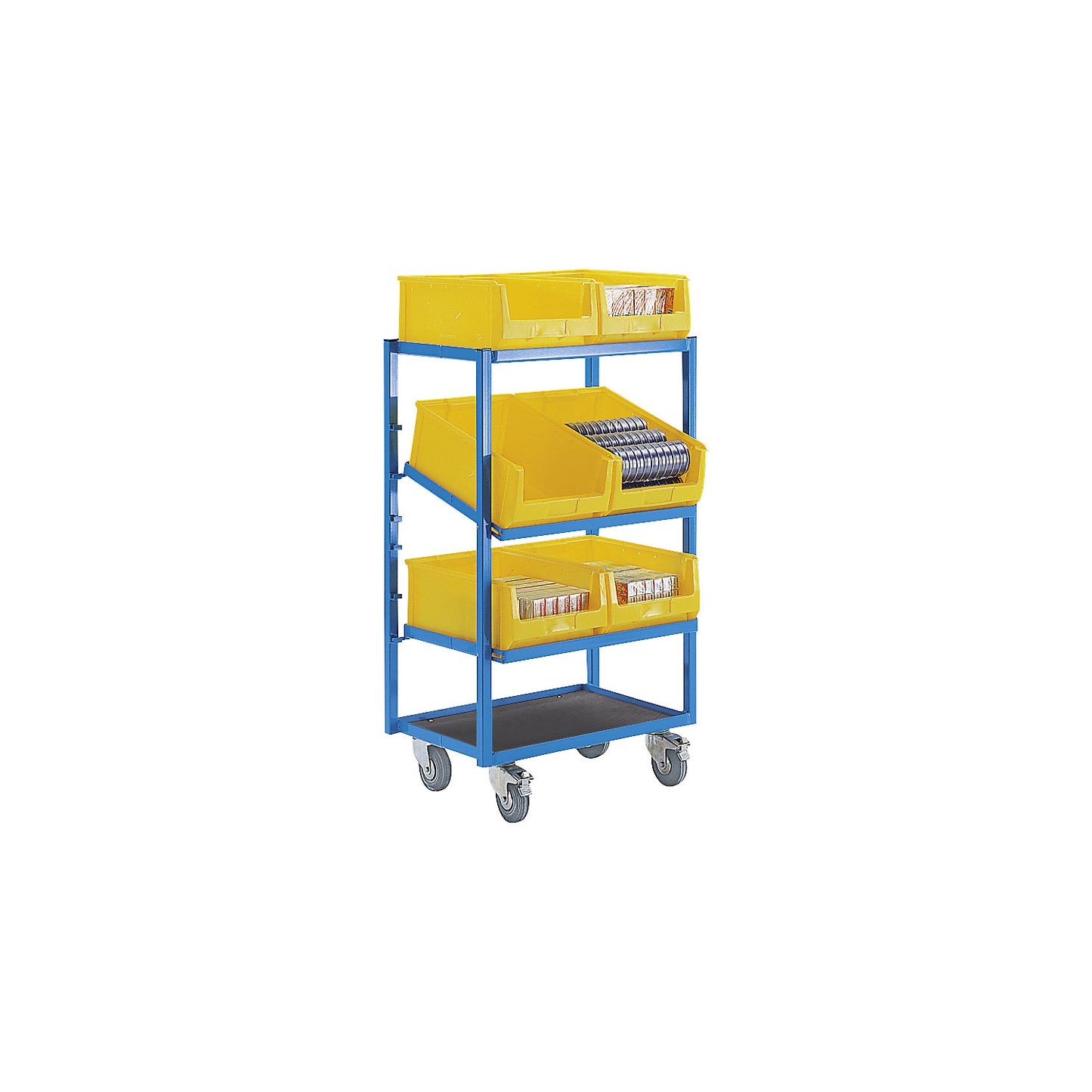 Order picking trolley, intermediate shelves can be tilted, with solid rubber tyres.