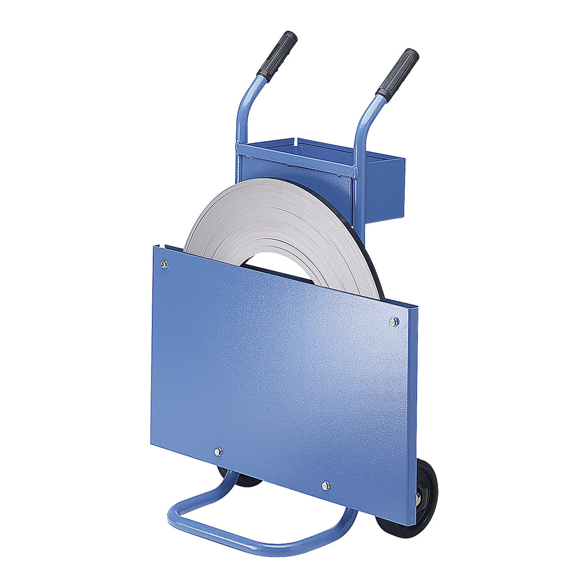Strap dispenser for steel strapping, for ribbon coils, strap width 10 - 32 mm, mobile, with storage compartment.