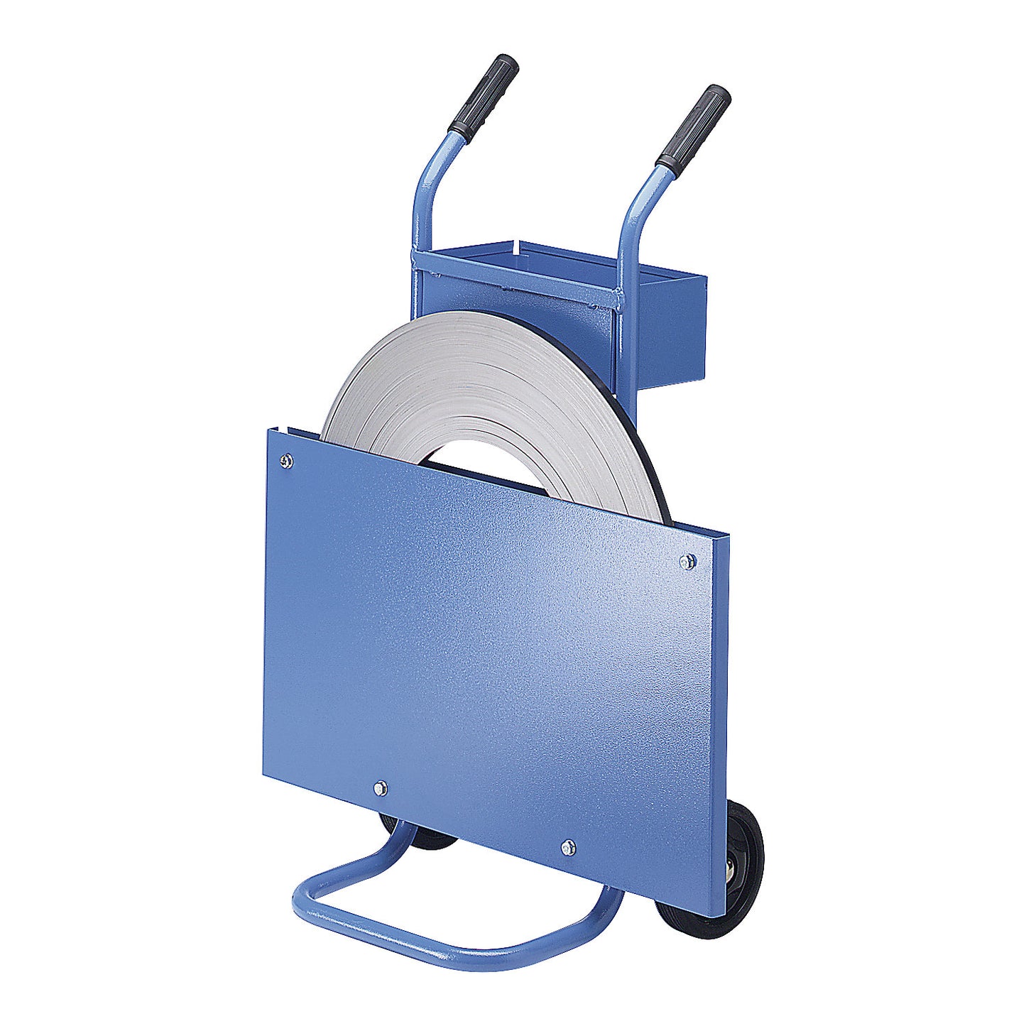 Strap dispenser for steel strapping, for ribbon coils, strap width 10 - 32 mm, mobile, with storage compartment.