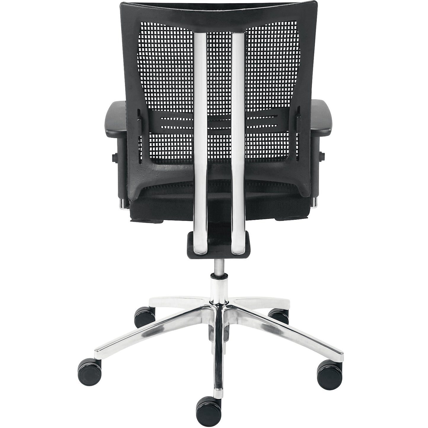 NET-MOTION office swivel chair, with mesh back rest and lumbar support, black back rest and seat, chrome plated frame.