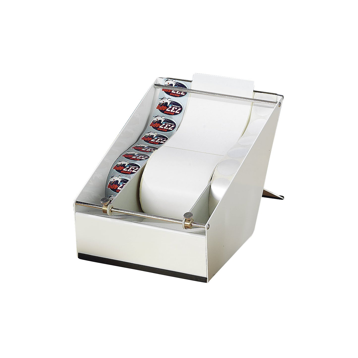 Adhesive label dispenser, for inside and outside roll winding, max. roll Ø 240 mm, LxWxH 260 x 107 x 180 mm.