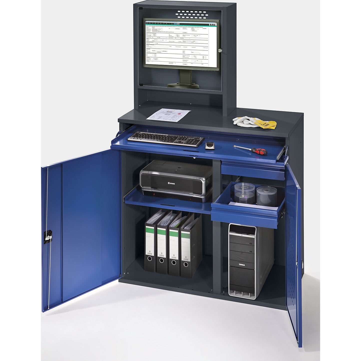 Computer workstation, monitor housing, 1 pull-out shelf, 2 drawers, width 1100 mm, charcoal / gentian blue.