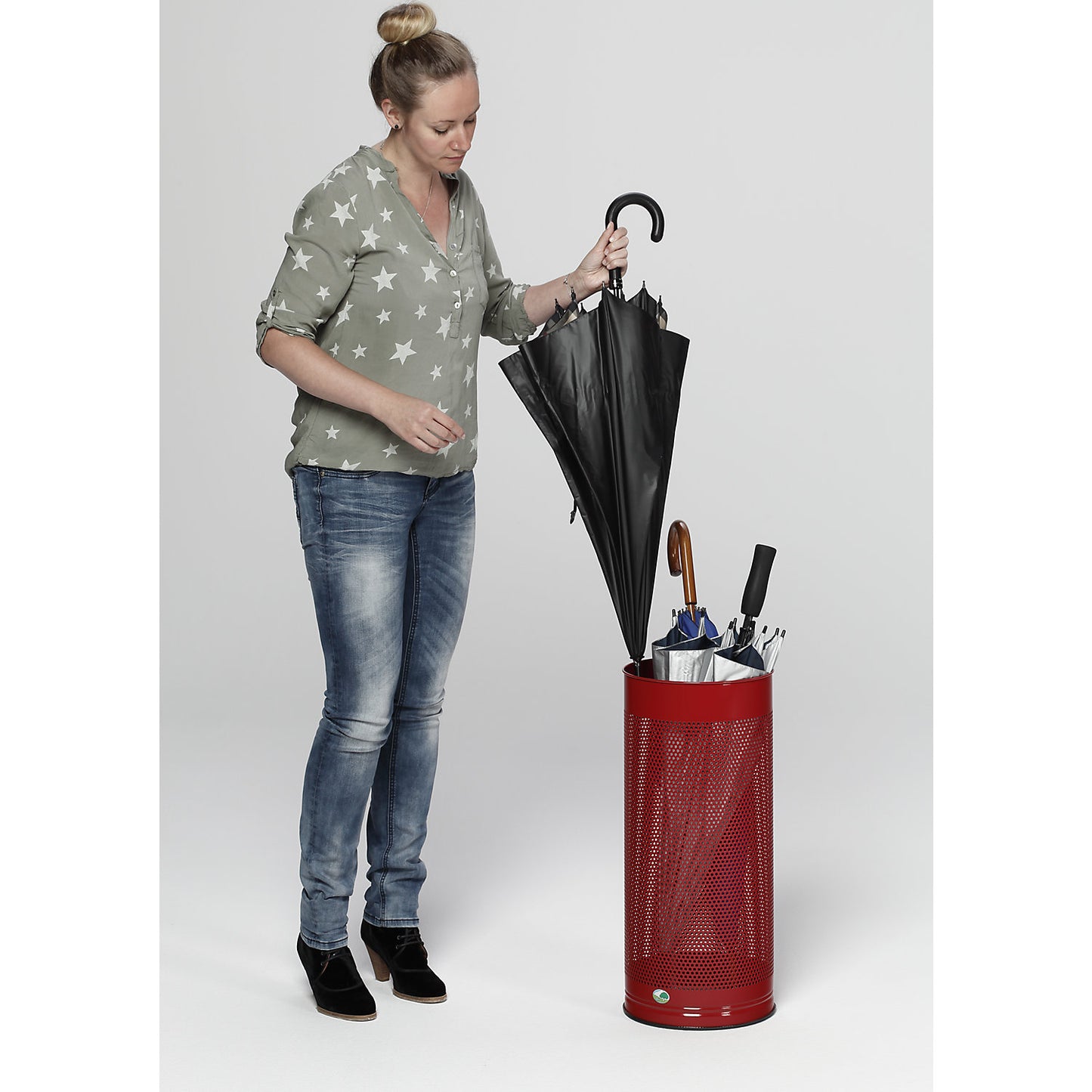 Umbrella stand, height 610 mm, perforated sheet metal, zinc plated, black grey RAL 7021.