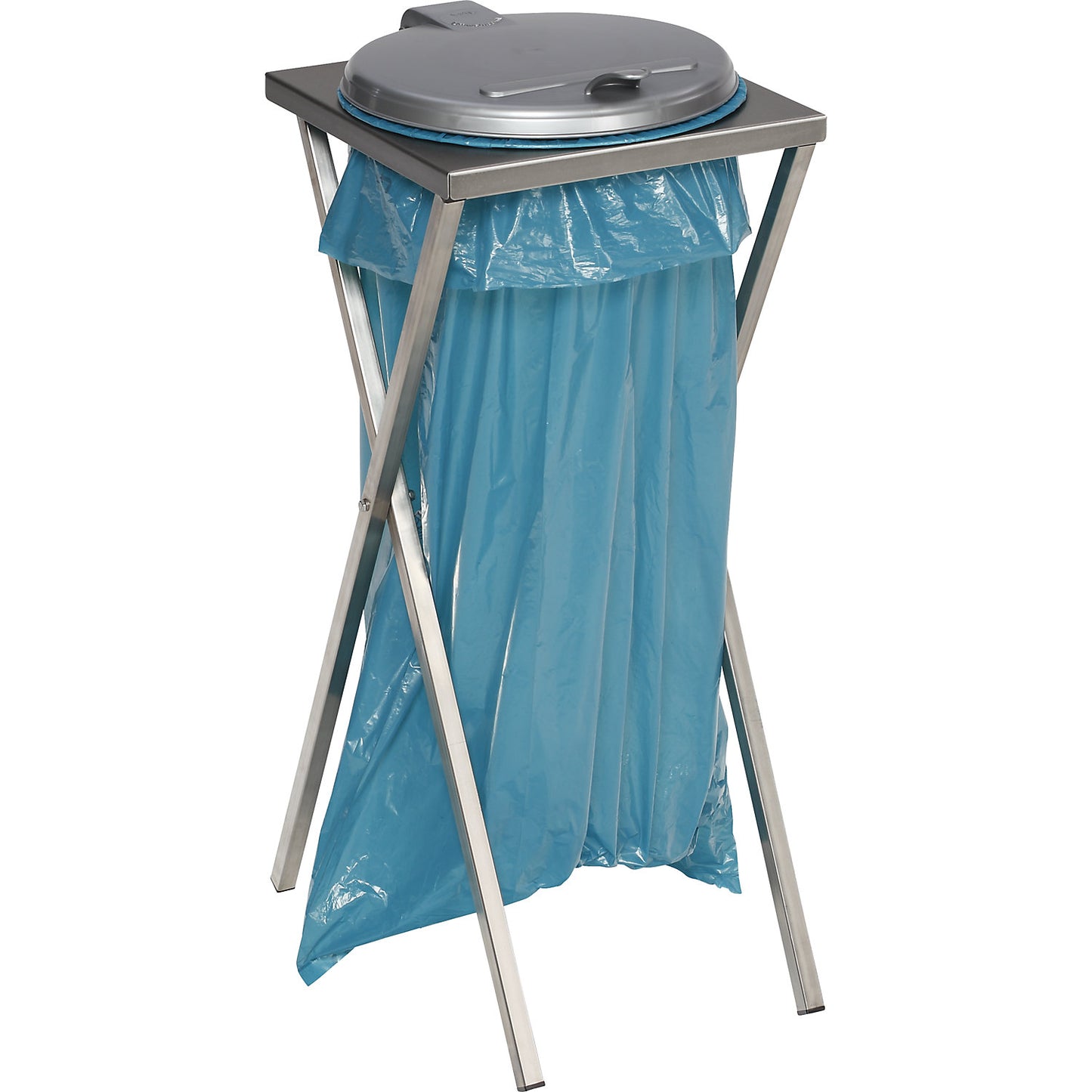 Hygienic waste sack stand made of stainless steel, for capacity 120 l, manual lid opening, silver grey.