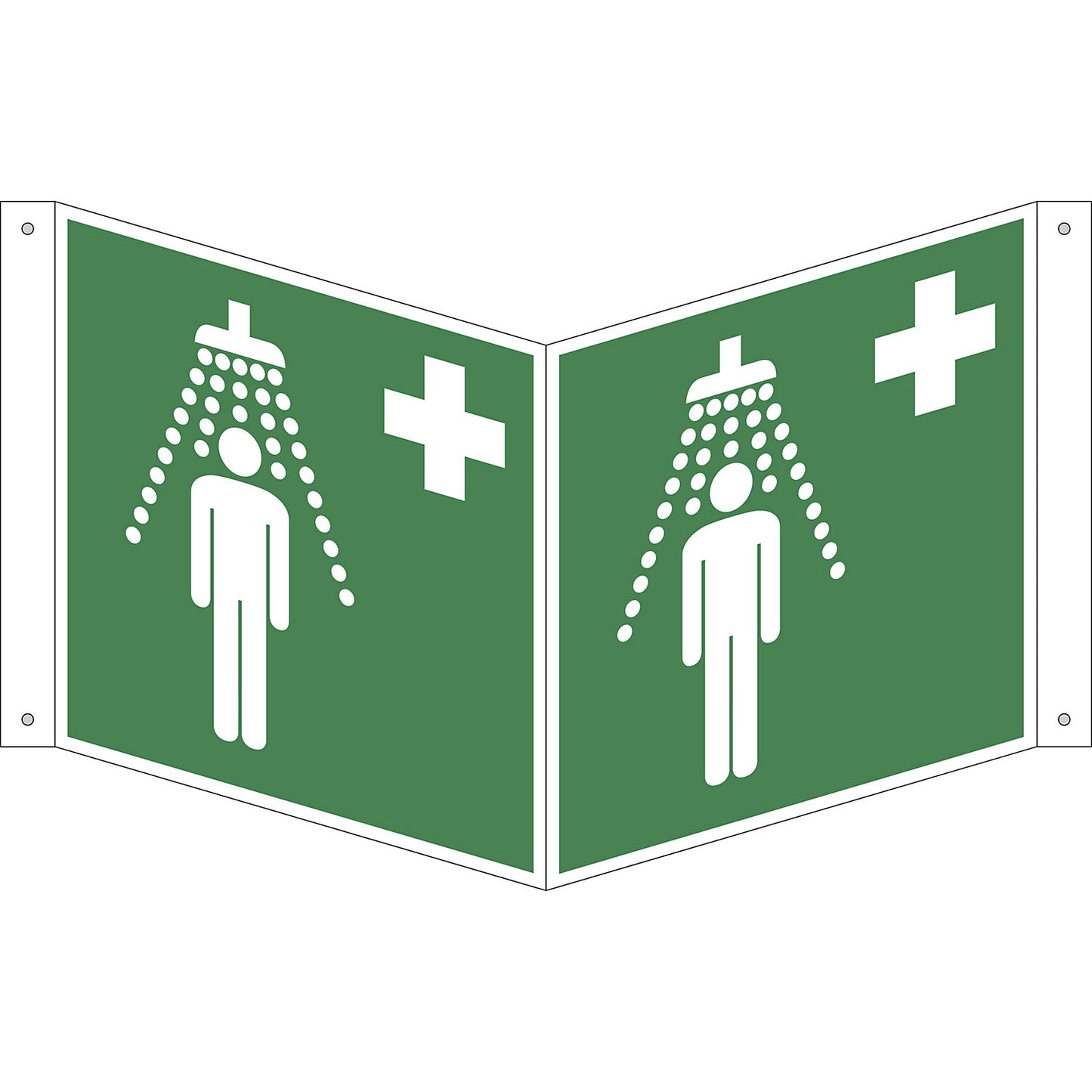 Emergency sign, safety shower, pack of 10, aluminium, V shaped sign, 200 x 200 mm.