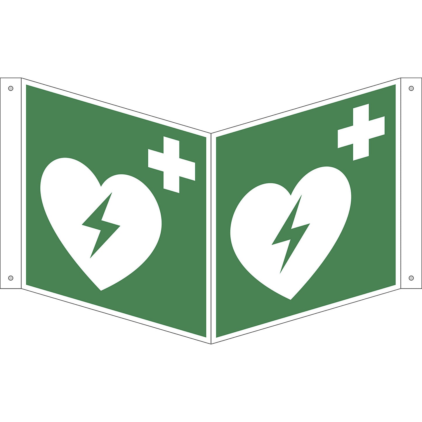 Emergency sign, automated external heart defibrillator, pack of 10, aluminium, V shaped sign, 200 x 200 mm.