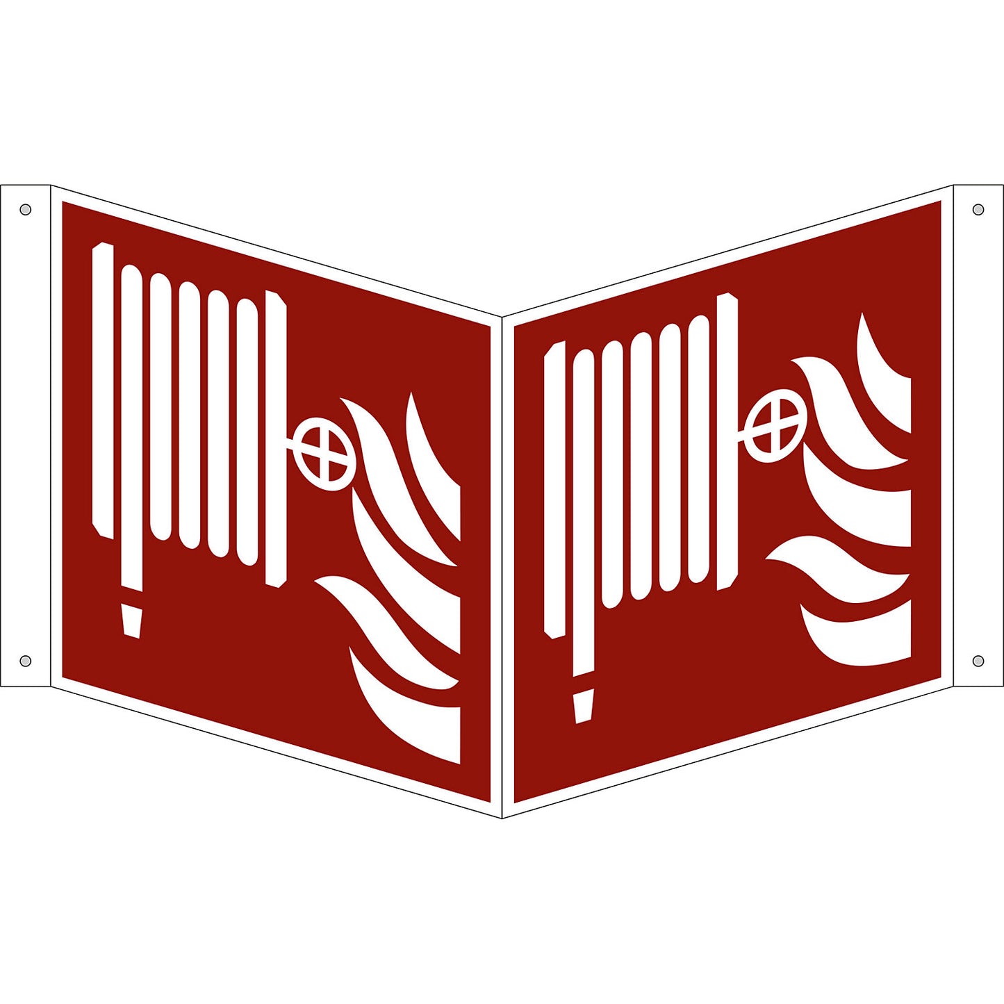 Fire protection sign, fire hose reel, pack of 10, aluminium, V shaped sign, 200 x 200 mm.