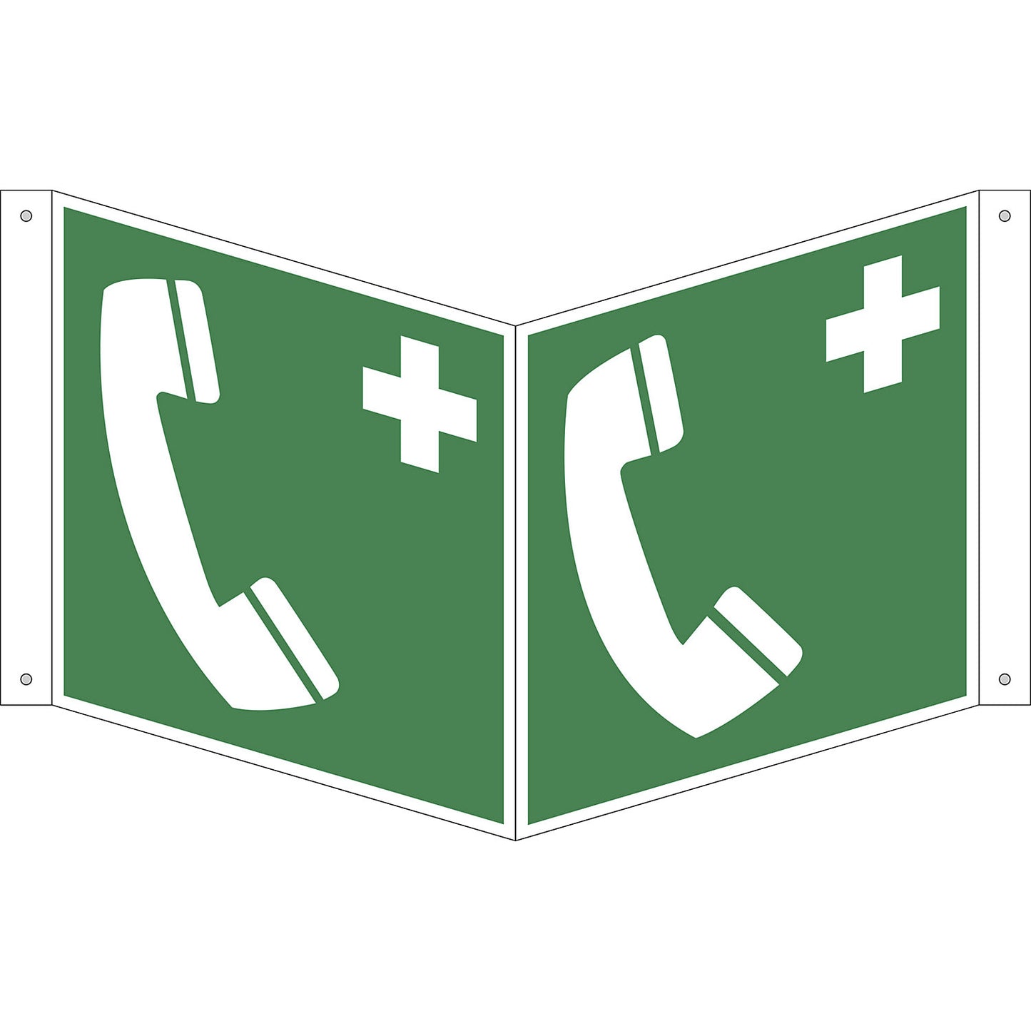 Emergency sign, emergency telephone, pack of 10, plastic, V shaped sign, 200 x 200 mm.