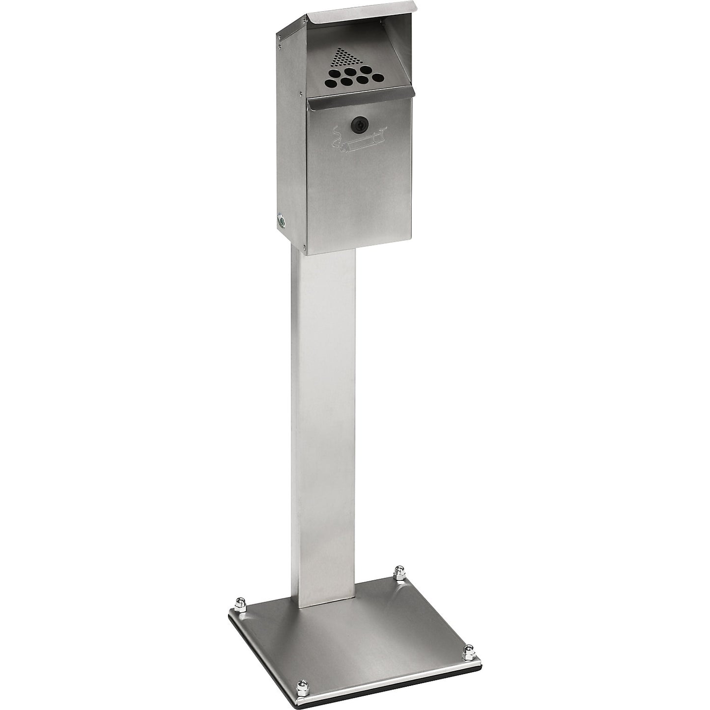 Stainless steel pedestal ashtray, capacity 3.7 l, lockable, HxWxD 1090 x 310 x 310 mm.